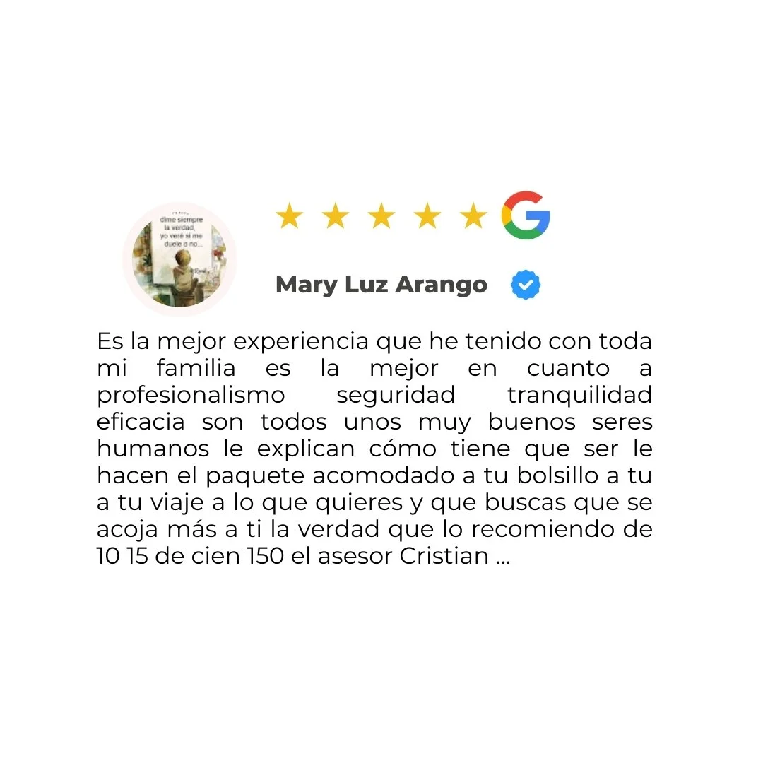 Review of Mary Luz Arango with five-star rating, verification badge, profile picture of a person reading a book, and text praising her professionalism in security and travel planning in Spanish.