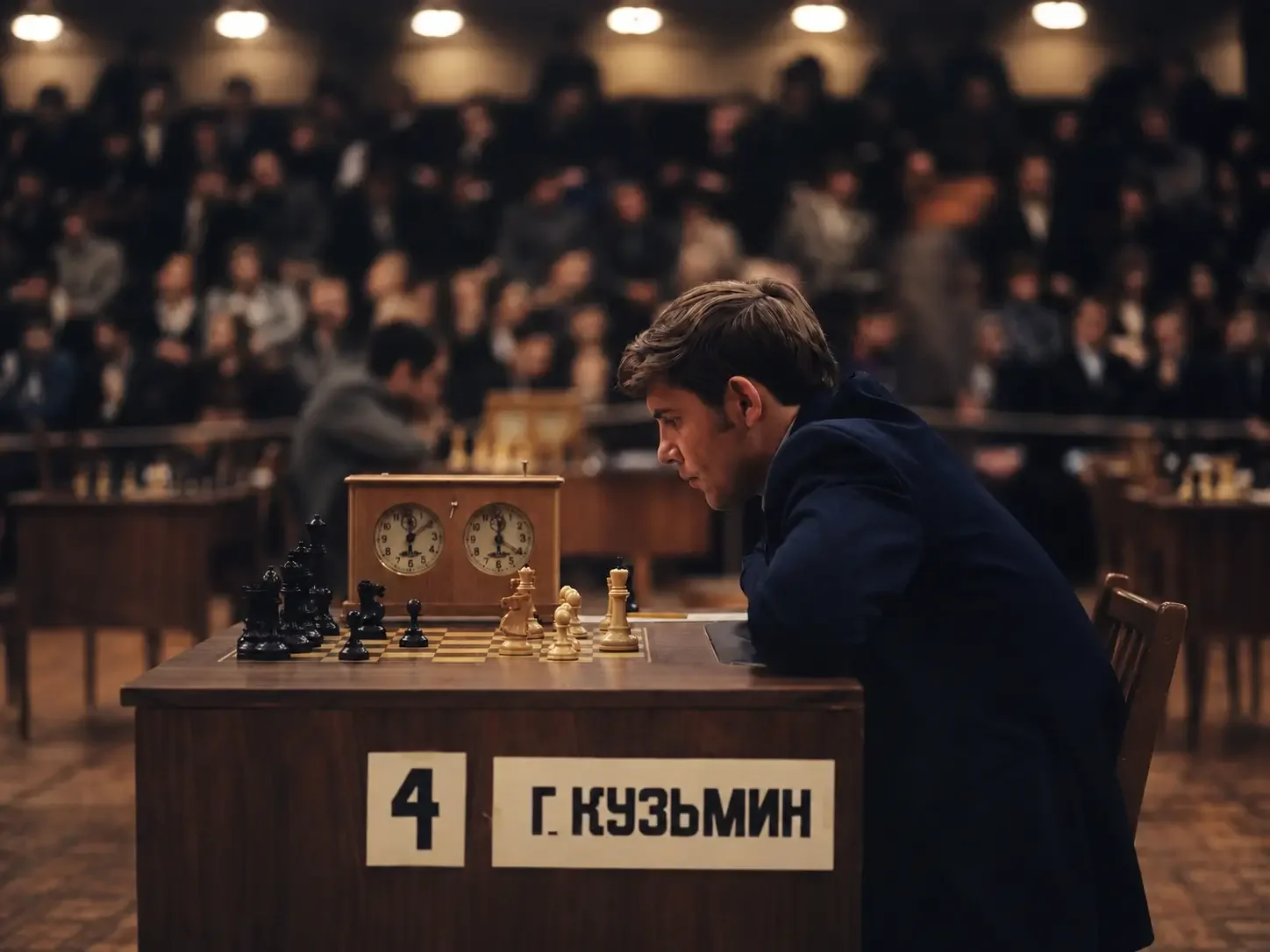 Gennadi Kuzmin seated at a chessboard