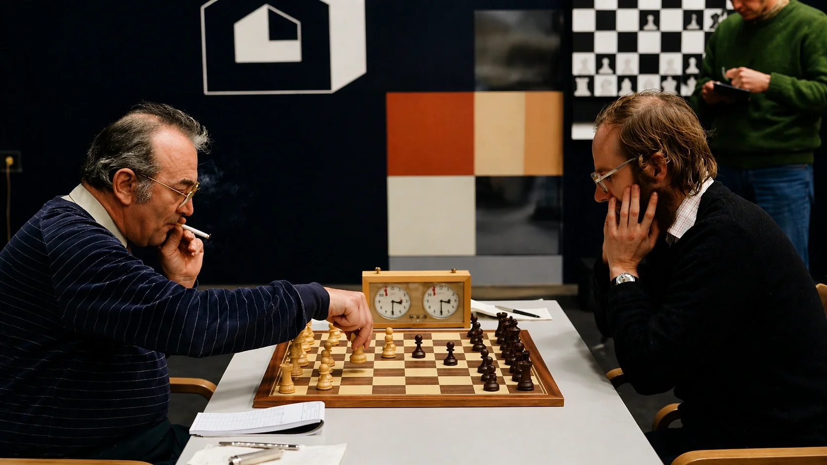 Viktor Korchnoi smoking a cigarette and playing chess