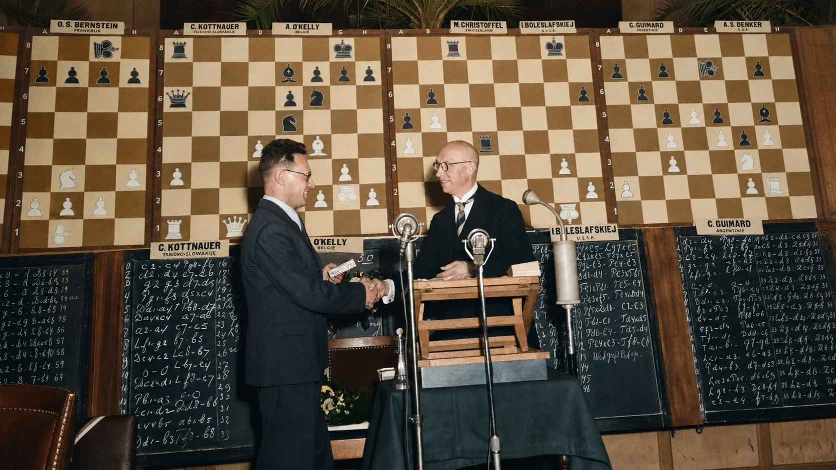 Mikhail Botvinnik accepting his award on stage for winning the Groningen tournament of 1946