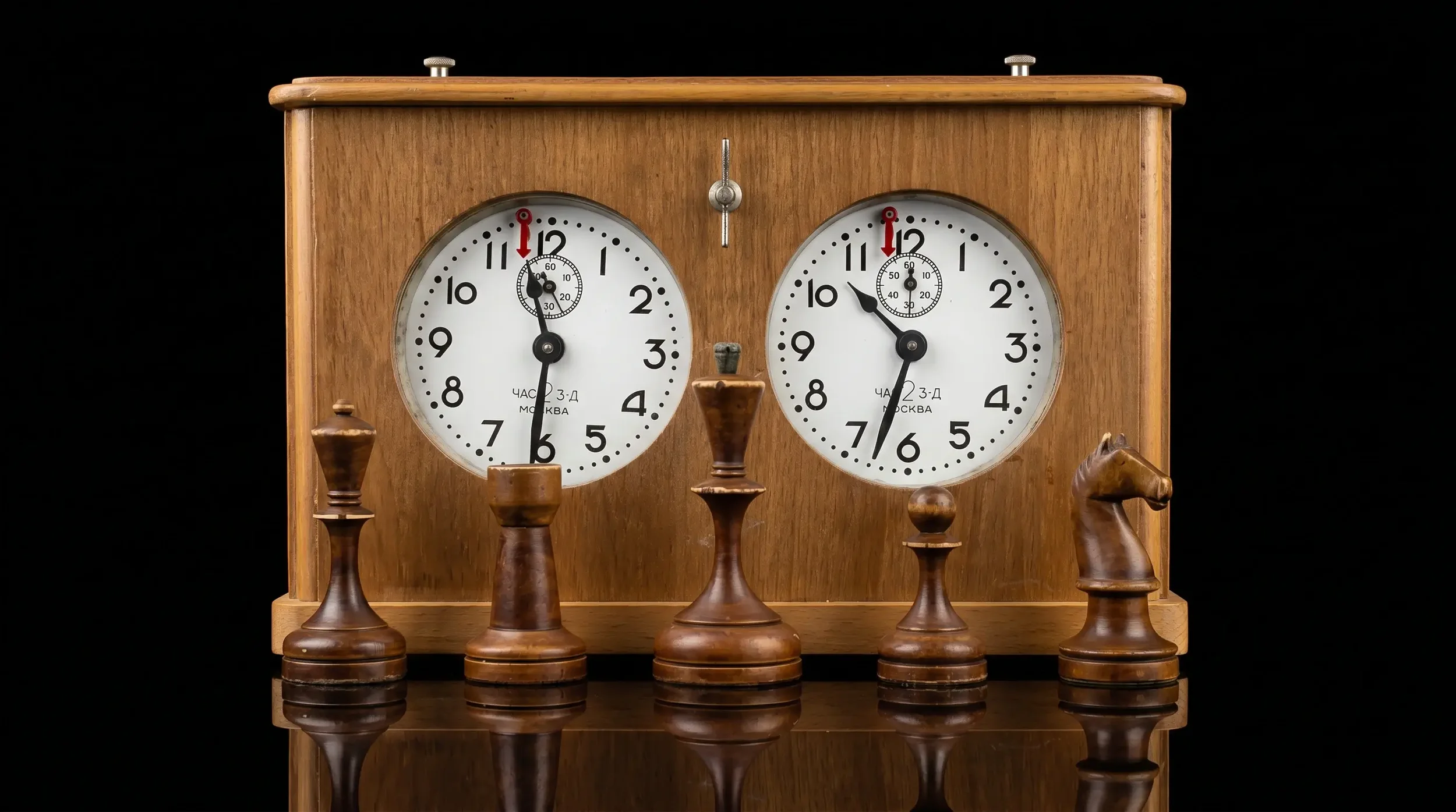 Botvinnik-Flohr II Chess Pieces and Jantar Chess Clock