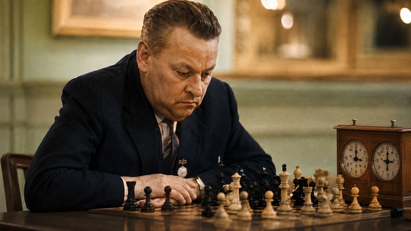Vladas Mikenas in thought at the chessboard