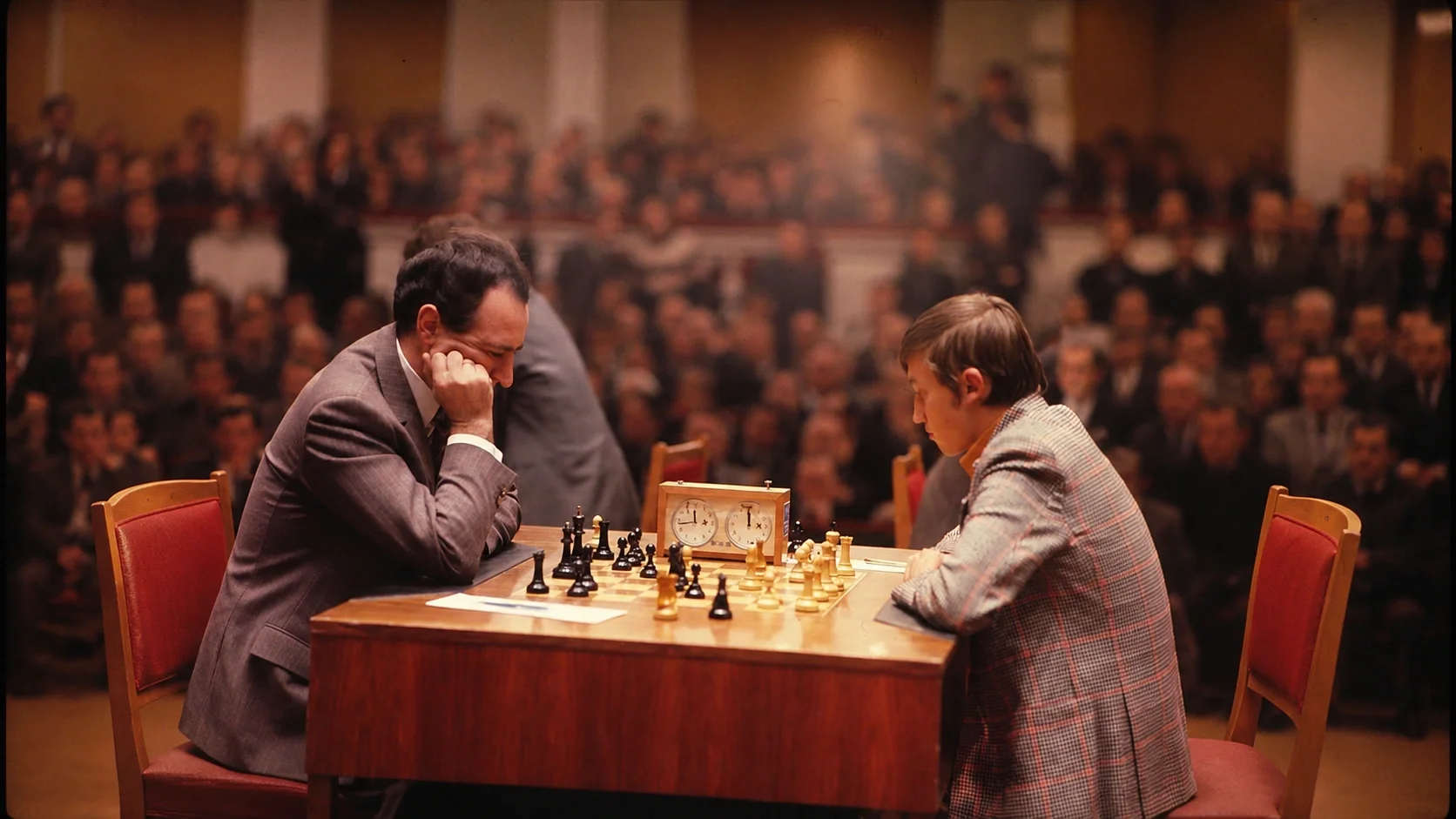 Lev Polugaevsky pictured in play against Anatoly Karpov at the 1973 USSR Chess Championship