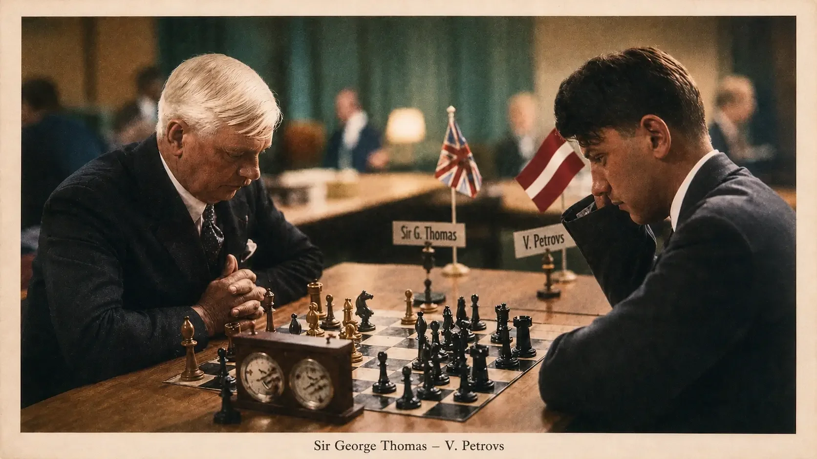 Vladimirs Petrovs plays chess with Sir George Thomas