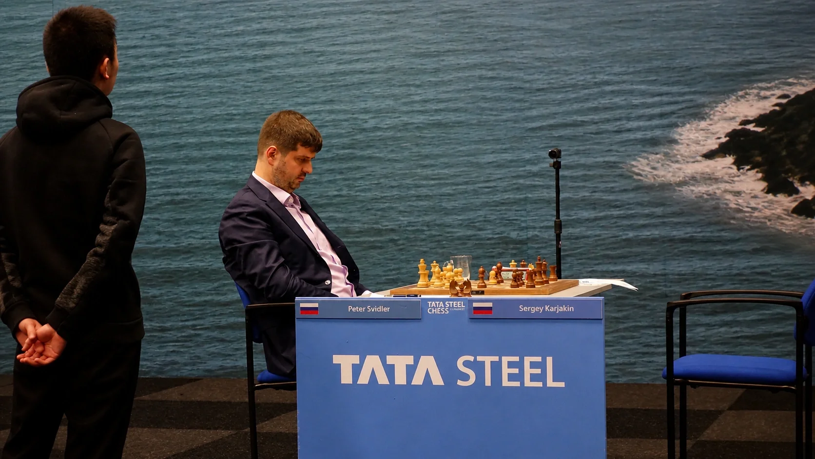 Peter Svidler and Sergey Karjakiin play chess at TATA Steel Wijk aan Zee, Netherlands