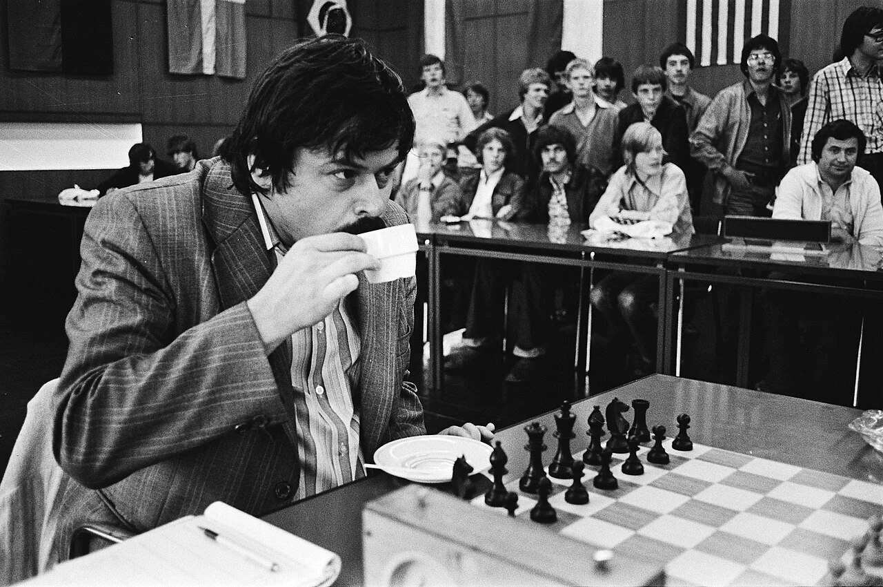 Vlastimil Hort sipping coffe, preparing for the chess match