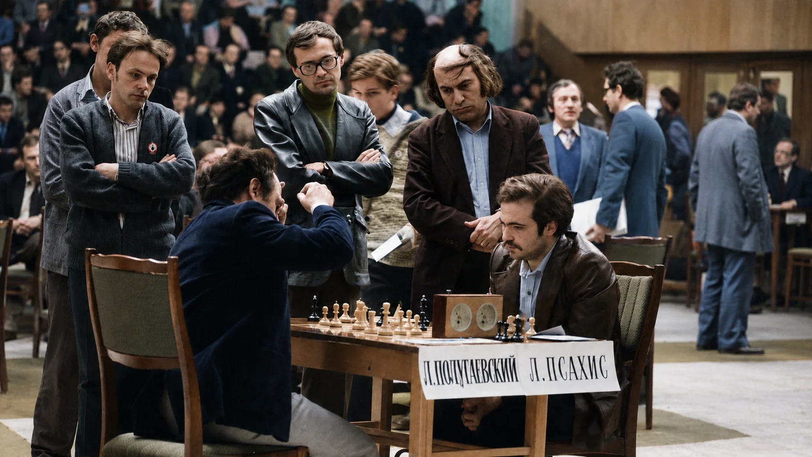 Yuri Razuvaev and Mikhail Tal watch Lev Polugaevsky play chess with Lev Psakhis