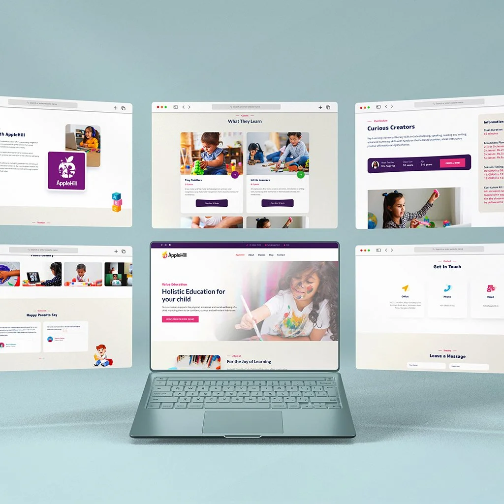 A laptop displaying a website for AppleHill, an educational platform for children, with several other screens of children learning and educational information in the background.