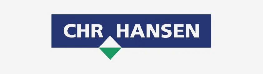 Logo with the text 'CHR HANSEN' in white on a blue rectangular background, with a green and white diamond shape underneath.