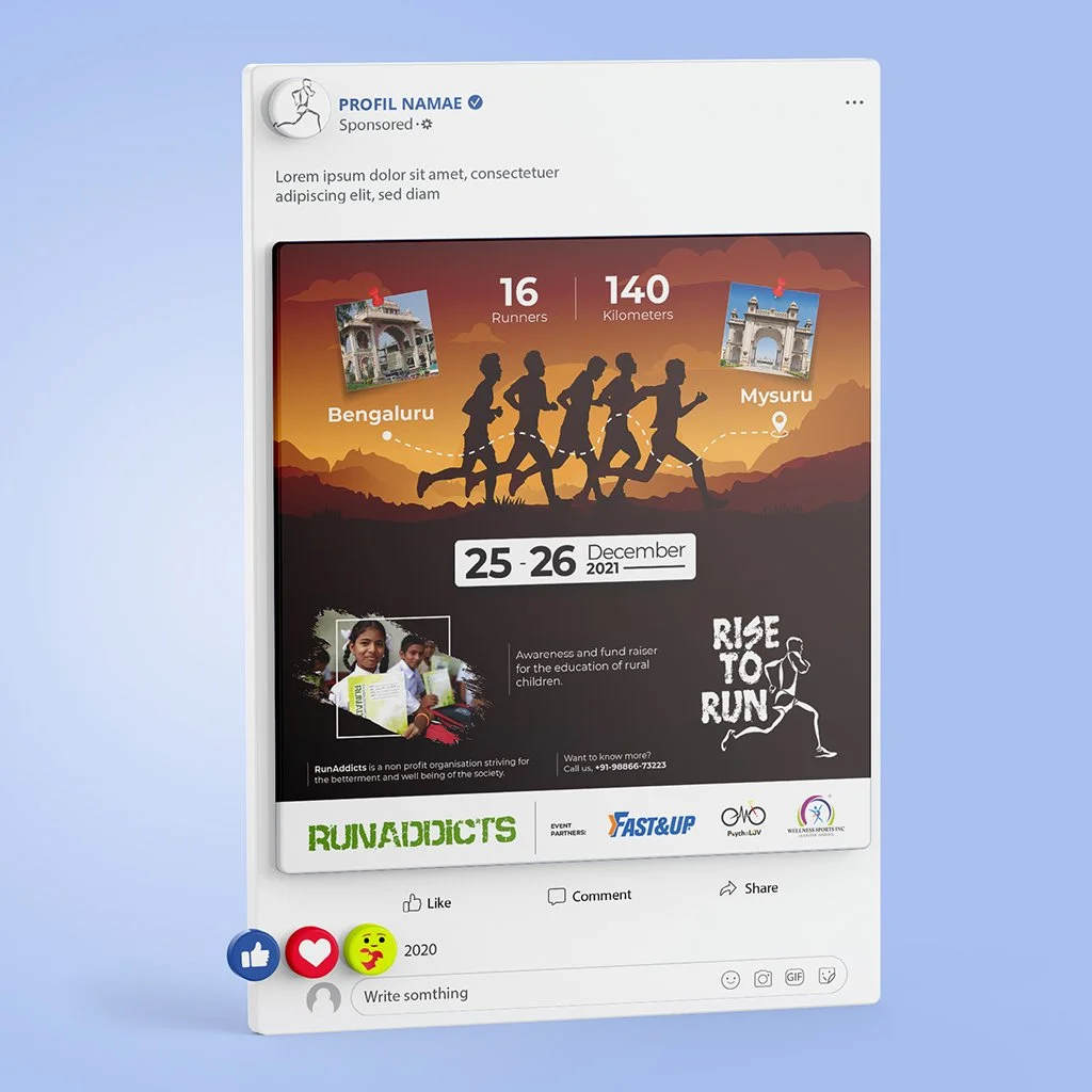 A promotional poster for a running event called 'Rise to Run' scheduled for December 25-26, 2021, in Mysuru, Karnataka, India. The poster features silhouettes of runners against a sunset background, with photos of Bangalore and Mysuru landmarks. It includes information about the event's purpose, supporting rural children's education, and mentions RUNADDICS, an organization involved in the event.
