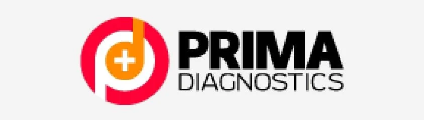 Logo of Prima Diagnostics with a red and orange icon and black text.