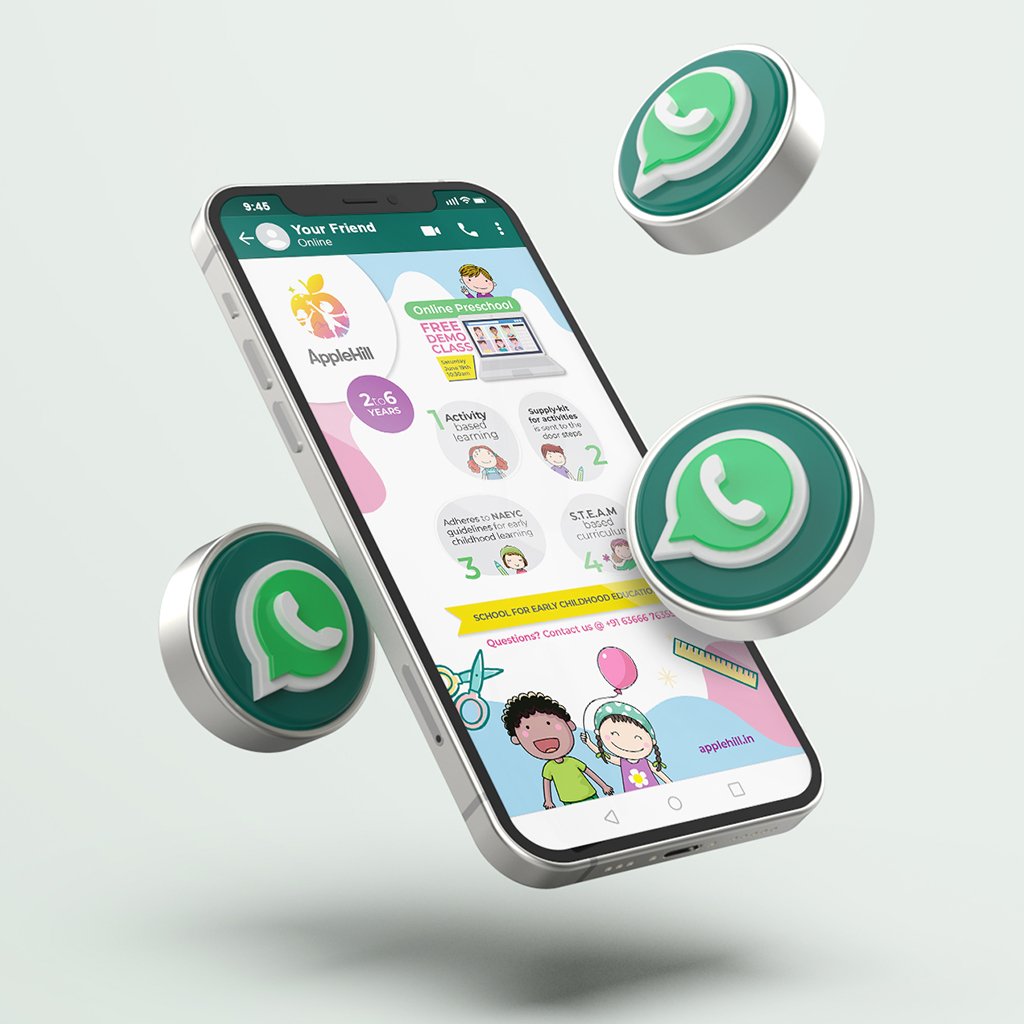 A smartphone displaying a parenting or educational app, with floating WhatsApp icons around it.