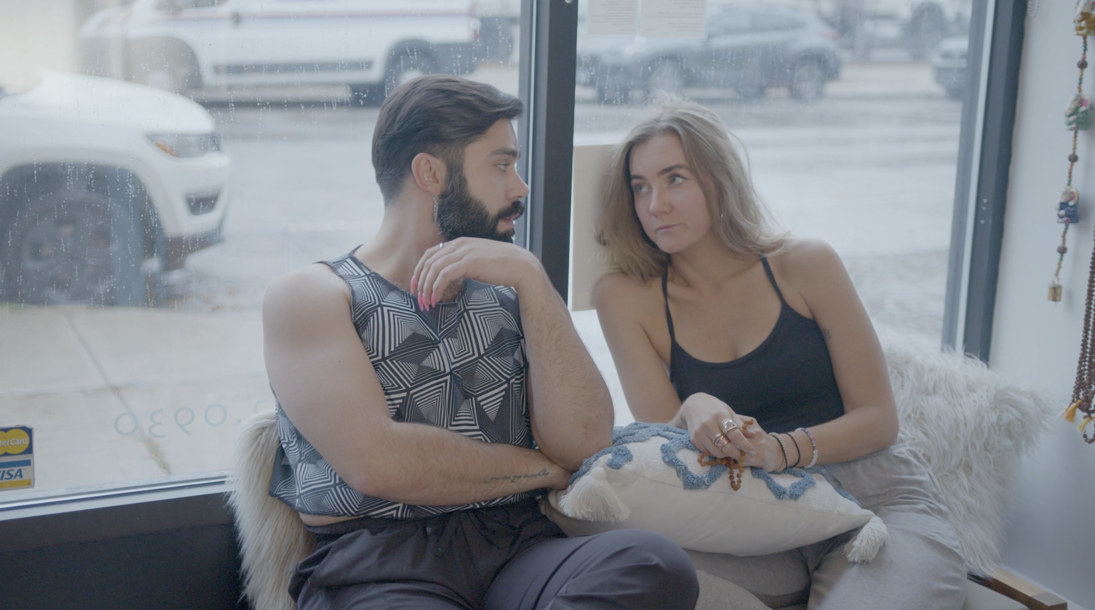 Toddy, played by Brian Bandura and Rhiannon, played by Kathryn Gongaware. Not Flexible is an independent comedy series about yoga. Filmed in Chicago. Created by Kathryn Gongaware. 