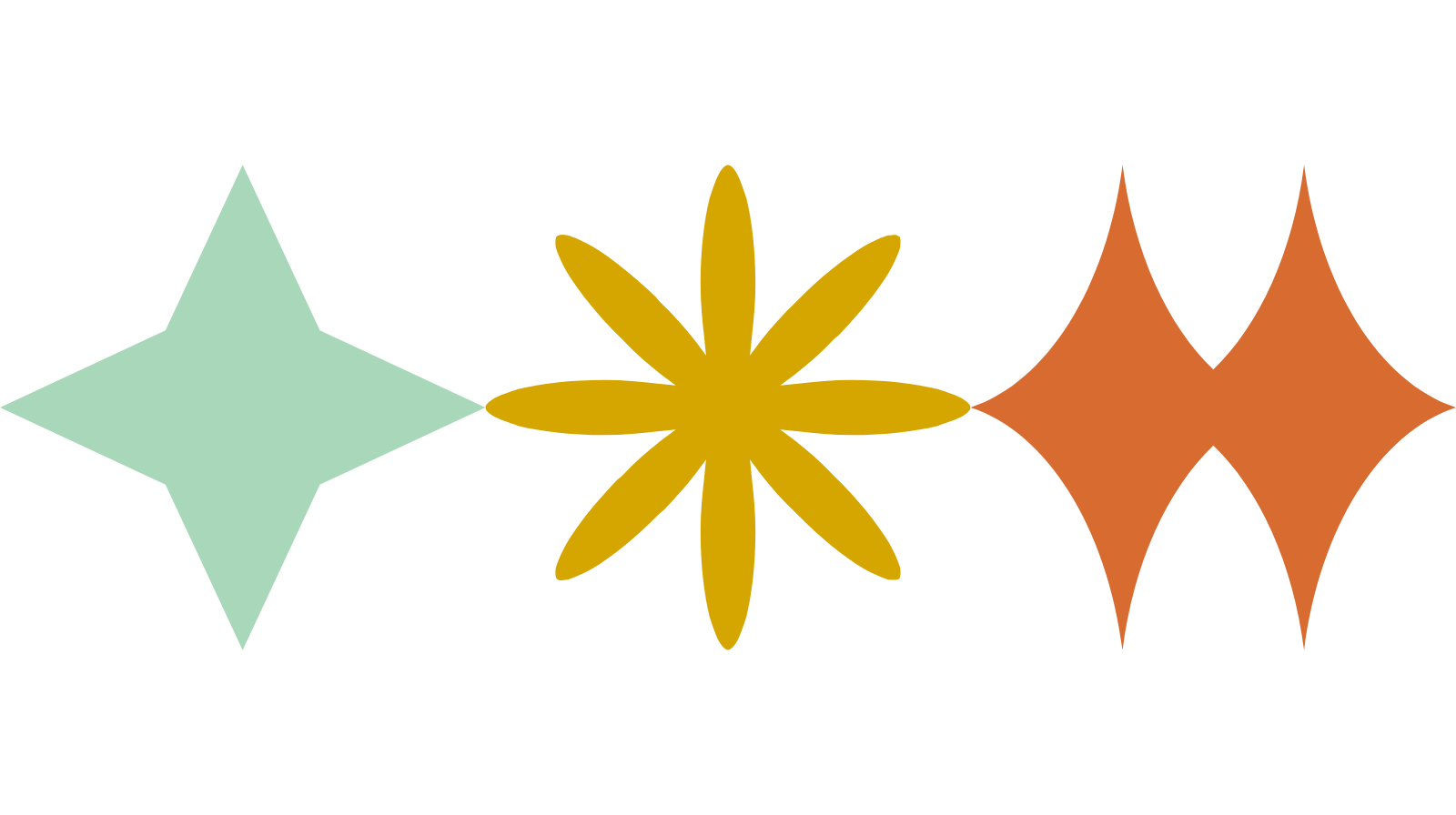 Stylized graphic with four shapes: a light mint green diamond, a brownish gold eight-petal flower, and two orange diamonds pointed inward.