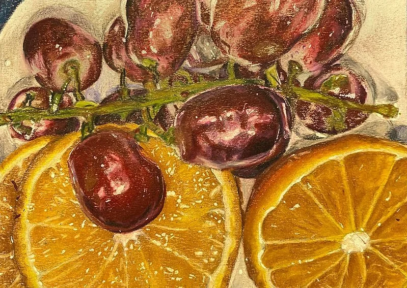 "fruit bowl" | (mar. 2022) |
colored pencil on 4" x 6" toned paper |
an assignment focused on tone and realism within the simplicity of a fruit bowl. this is where you can tell i really reached for the white gel pen...