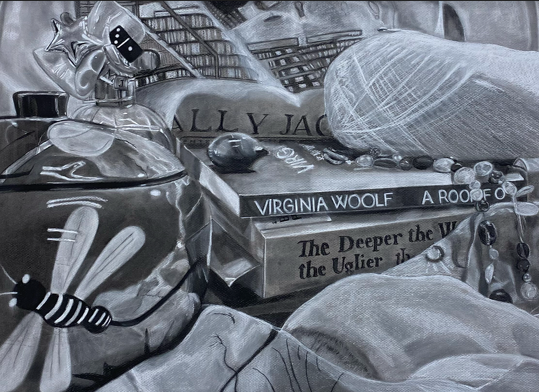 "teenage bedroom" | (feb. 2022) |
charcoal on 18" x 24" toned paper |
i remember this project taking me a few months to complete, much to the chagrin of my high school art teacher. in retrospect, i love how this turned out for the time, and the obj
