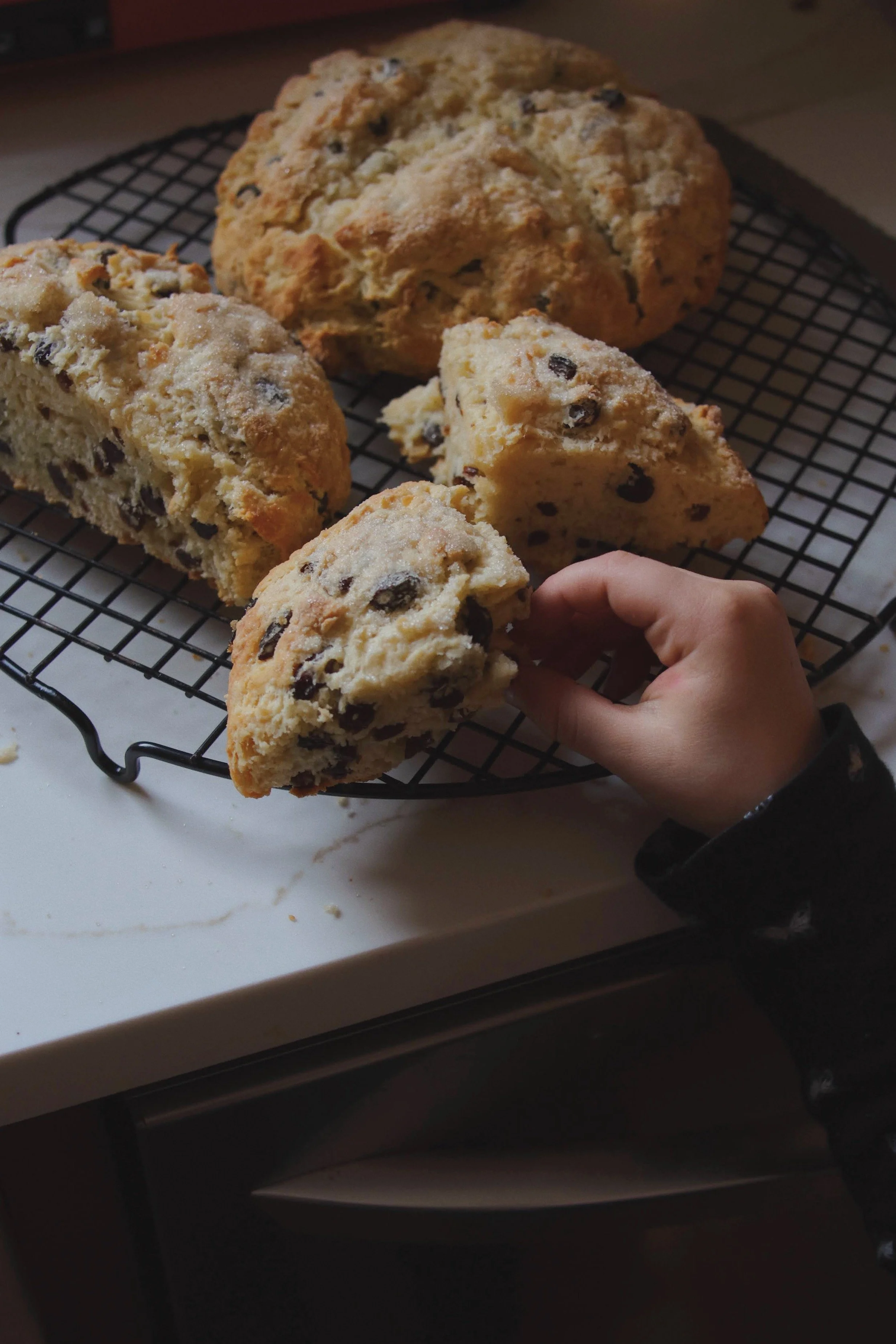 Close-up of person grabbing a piece of chocolate chip cookie from a cooling rack with other chocolate chip cookies in the background.