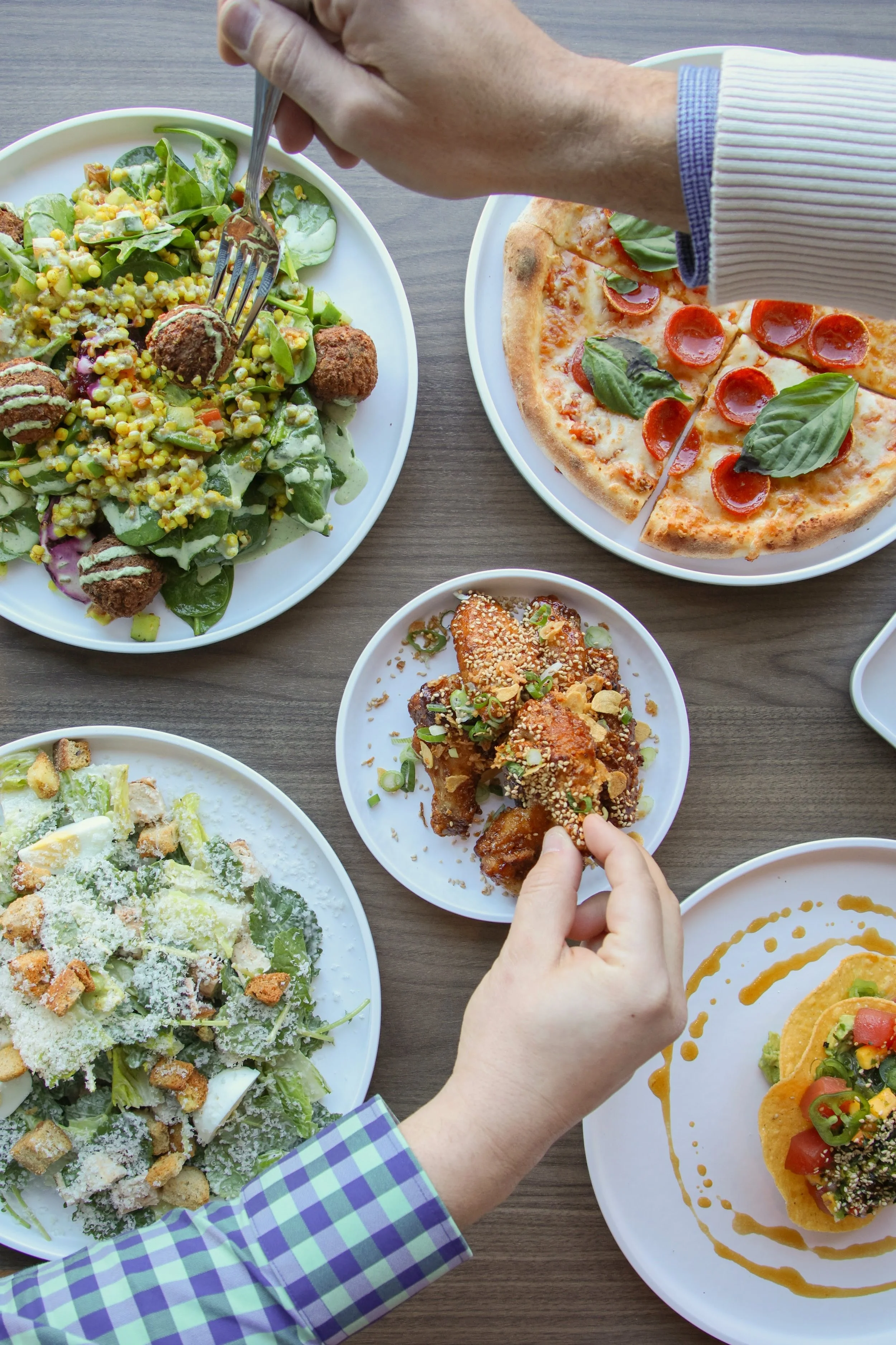 corporate lunch with pizza and salads