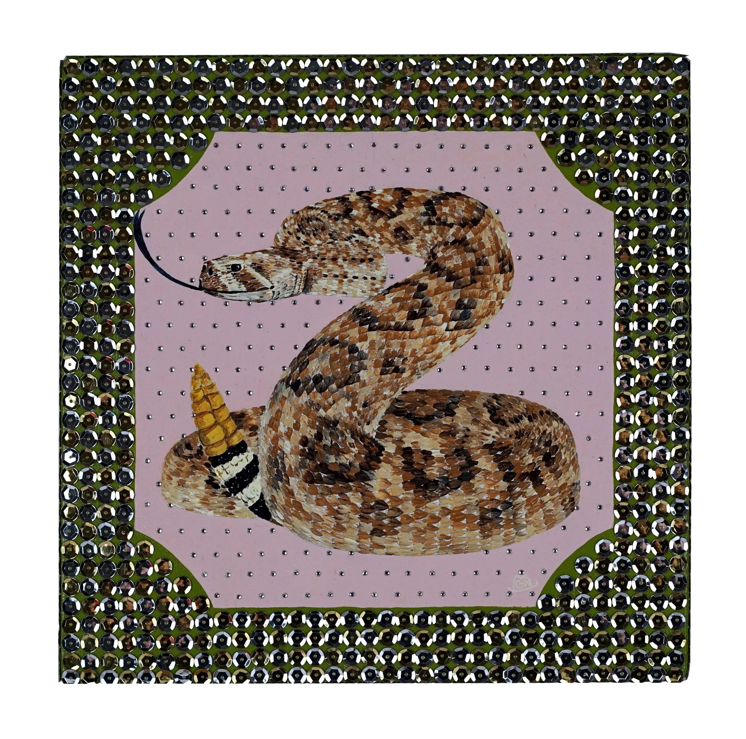 Rhinestone Back Rattlesnake / 2019 / Acrylic, Rhinestones & Sequins on Panel / 11x11 Inches