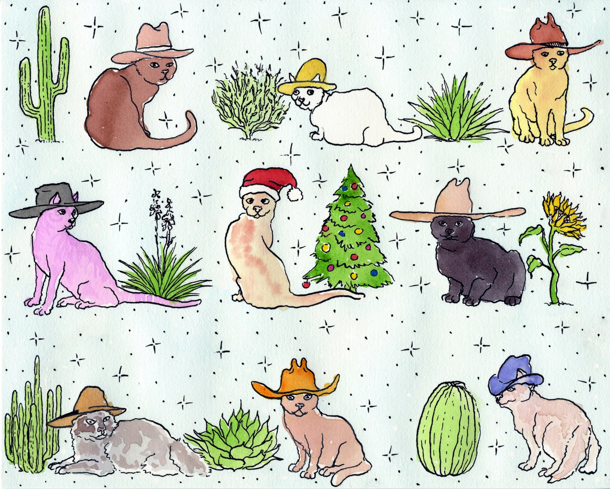 Meowdy Christmas / 2021 / Sumi Ink & Watercolor on Paper / 4x5 Inches