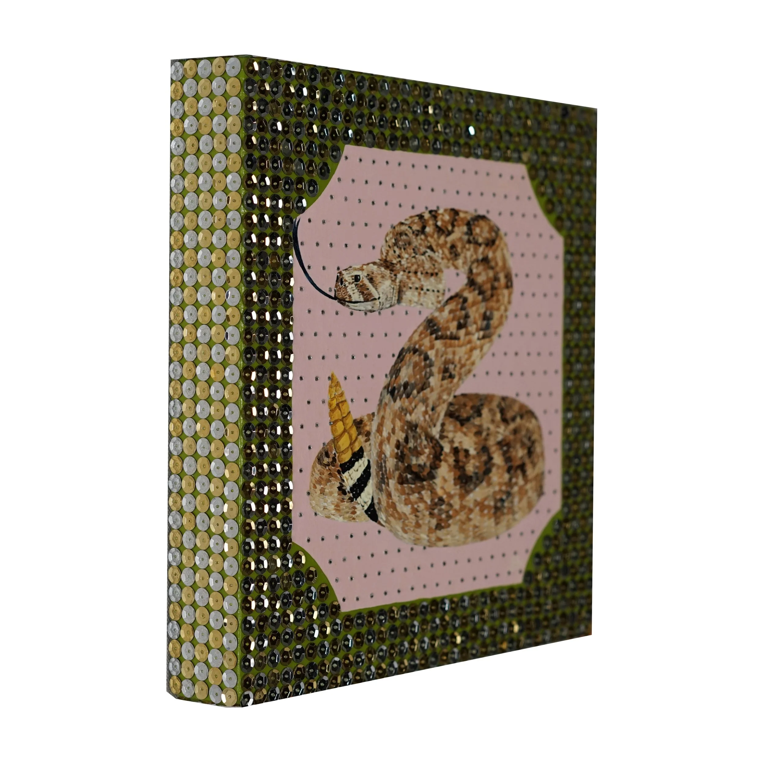 Rhinestone Back Rattlesnake / 2019 / Acrylic, Rhinestones & Sequins on Panel / 11x11 Inches