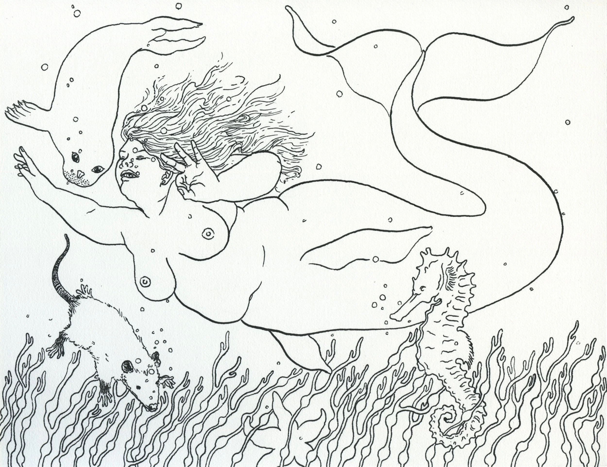 Plus-sized Merwoman / 2021 / Sumi Ink on Paper / 8x10 Inches