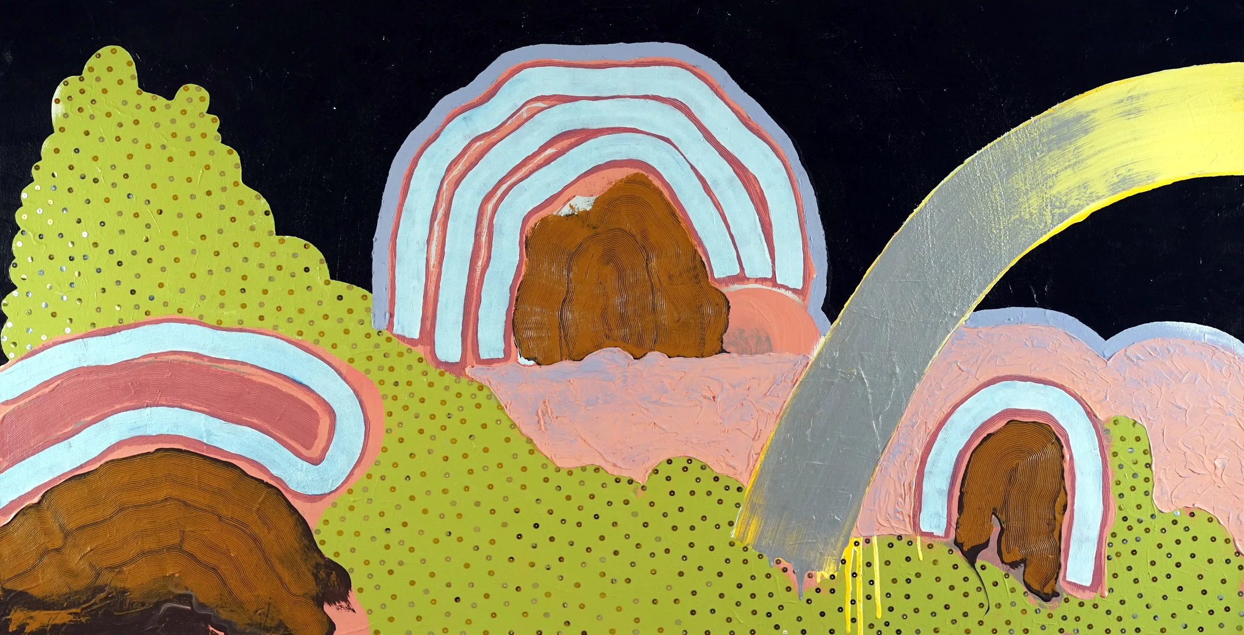 Trois Deux / 2020 / Acrylic & Paillettes on Canvas / 36x72 Inches