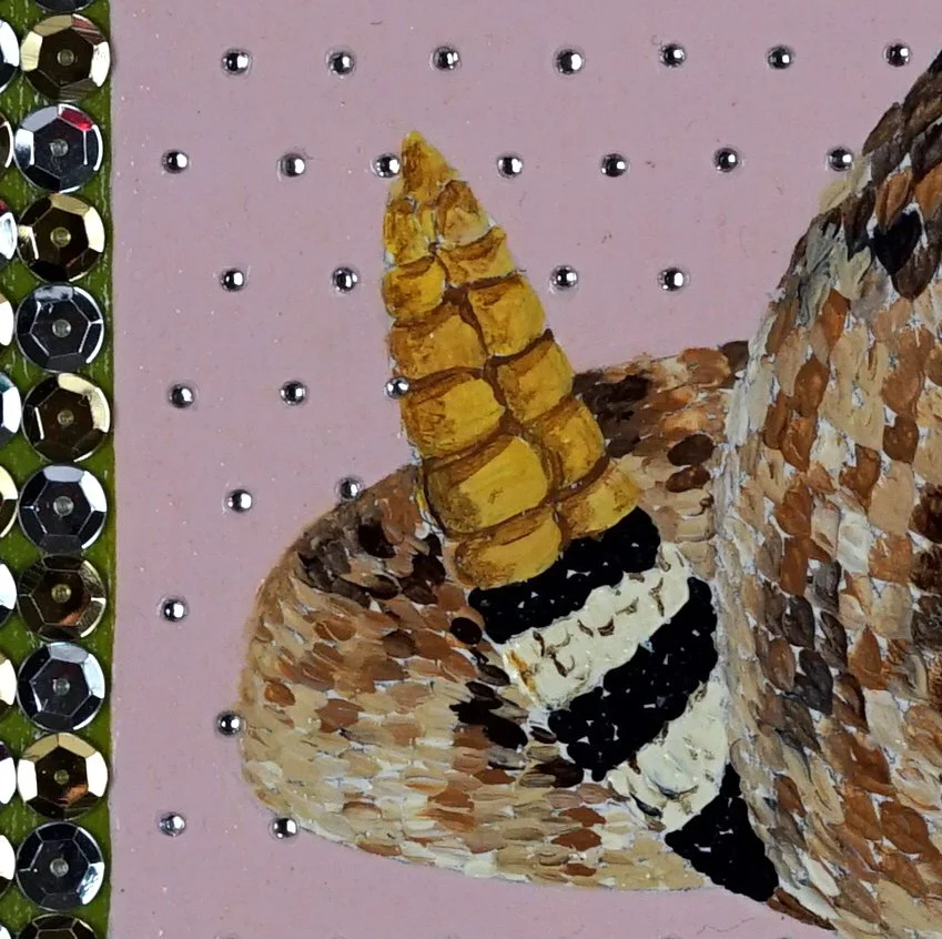 Rhinestone Back Rattlesnake (detail) / 2019 / Acrylic, Rhinestones & Sequins on Panel / 11x11 Inches