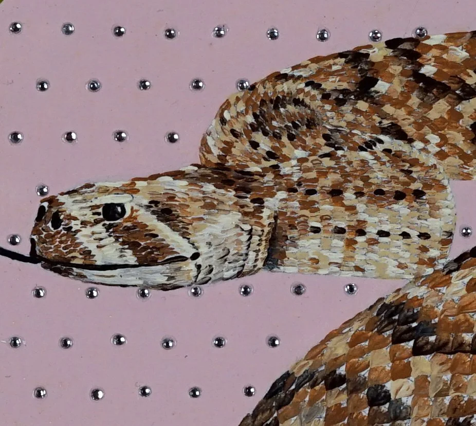 Rhinestone Back Rattlesnake (detail) / 2019 / Acrylic, Rhinestones & Sequins on Panel / 11x11 Inches