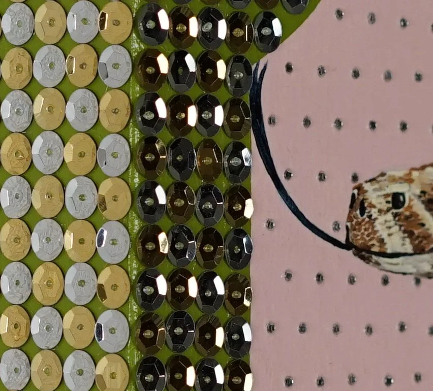 Rhinestone Back Rattlesnake (detail) / 2019 / Acrylic, Rhinestones & Sequins on Panel / 11x11 Inches