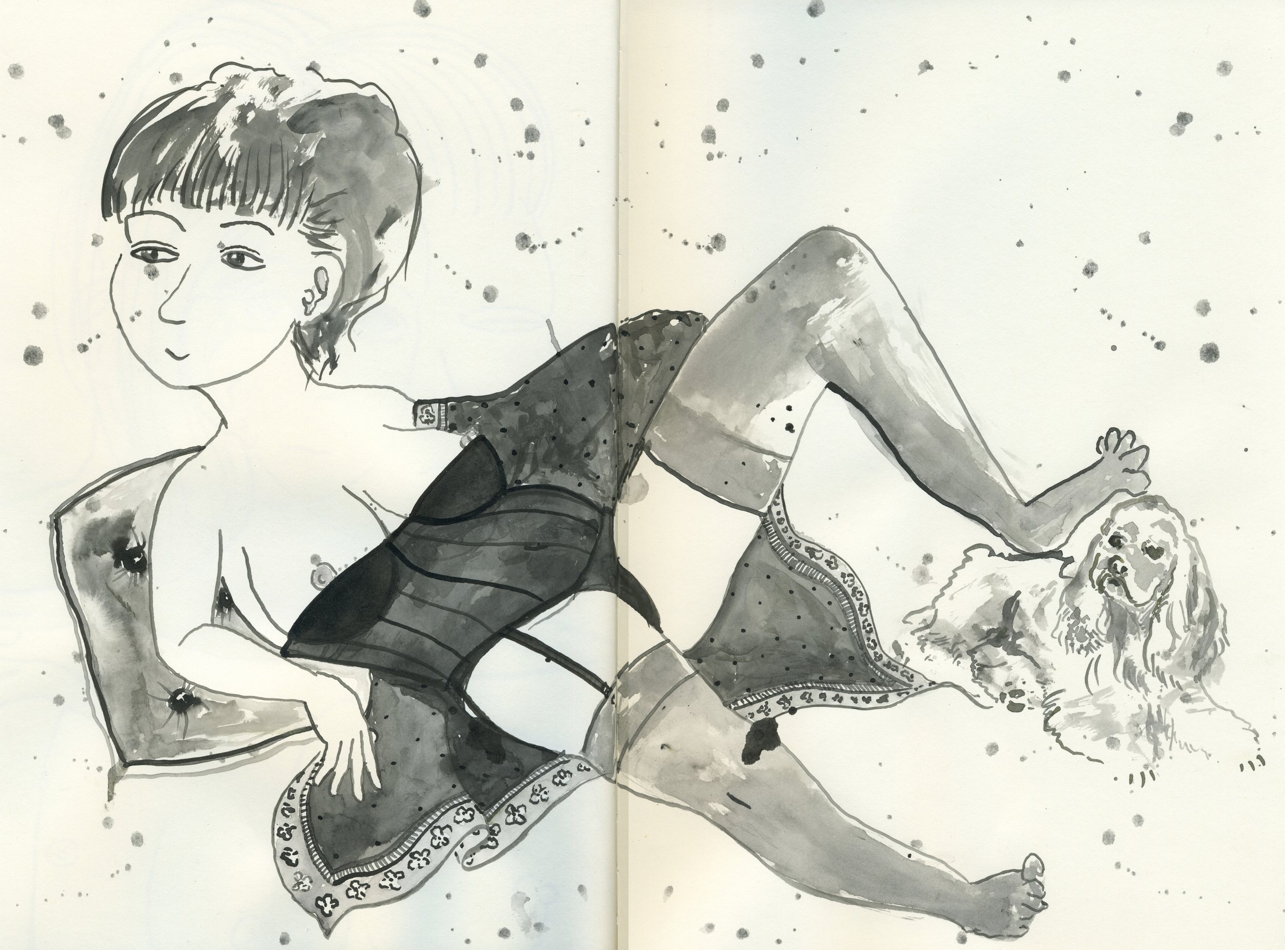 Woman & Spaniel / 2020 / Sumi Ink on Paper / 9x12 Inches