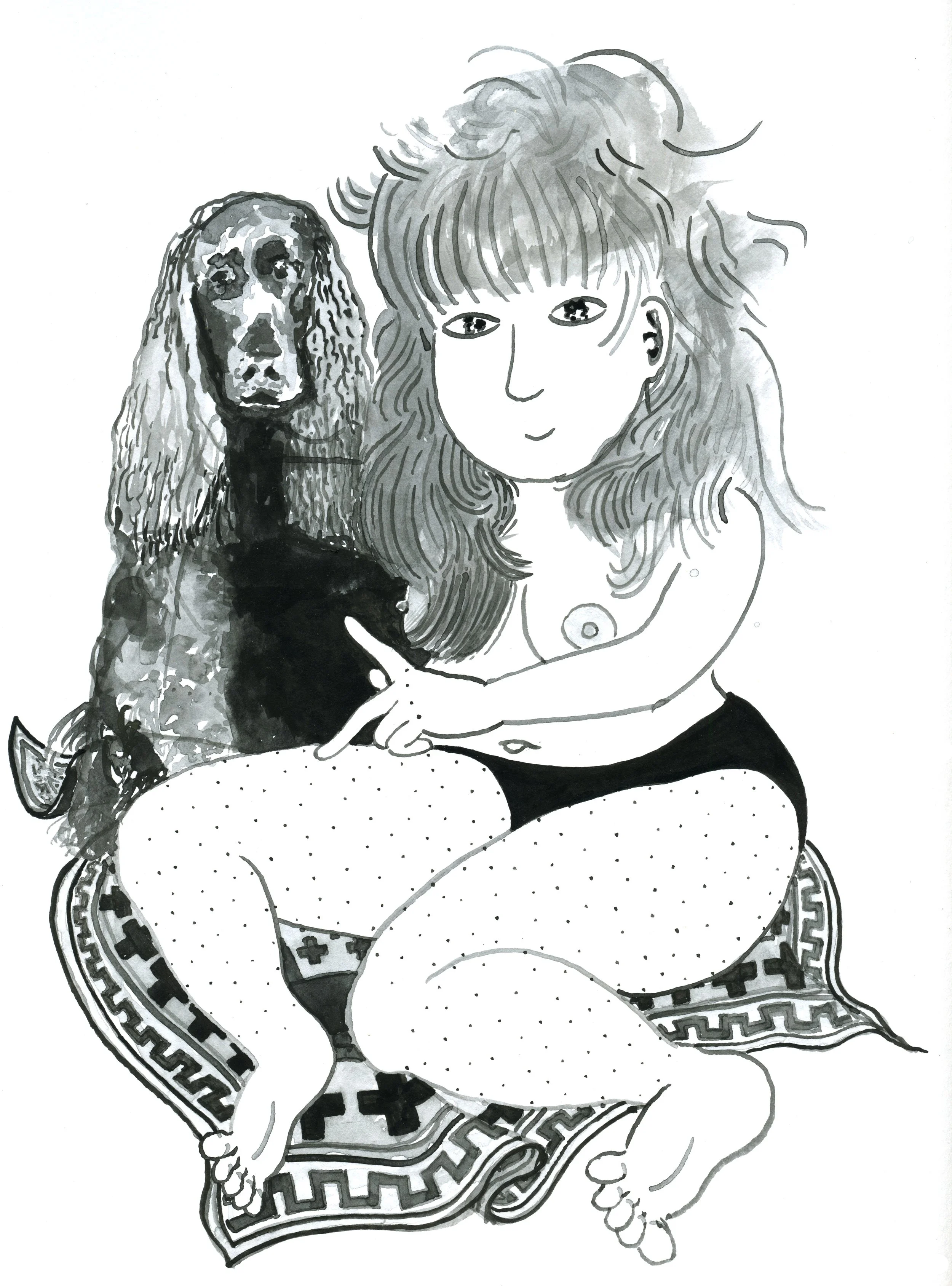 Woman & Spaniel / 2020 Sumi Ink on Paper / 12x9 Inches