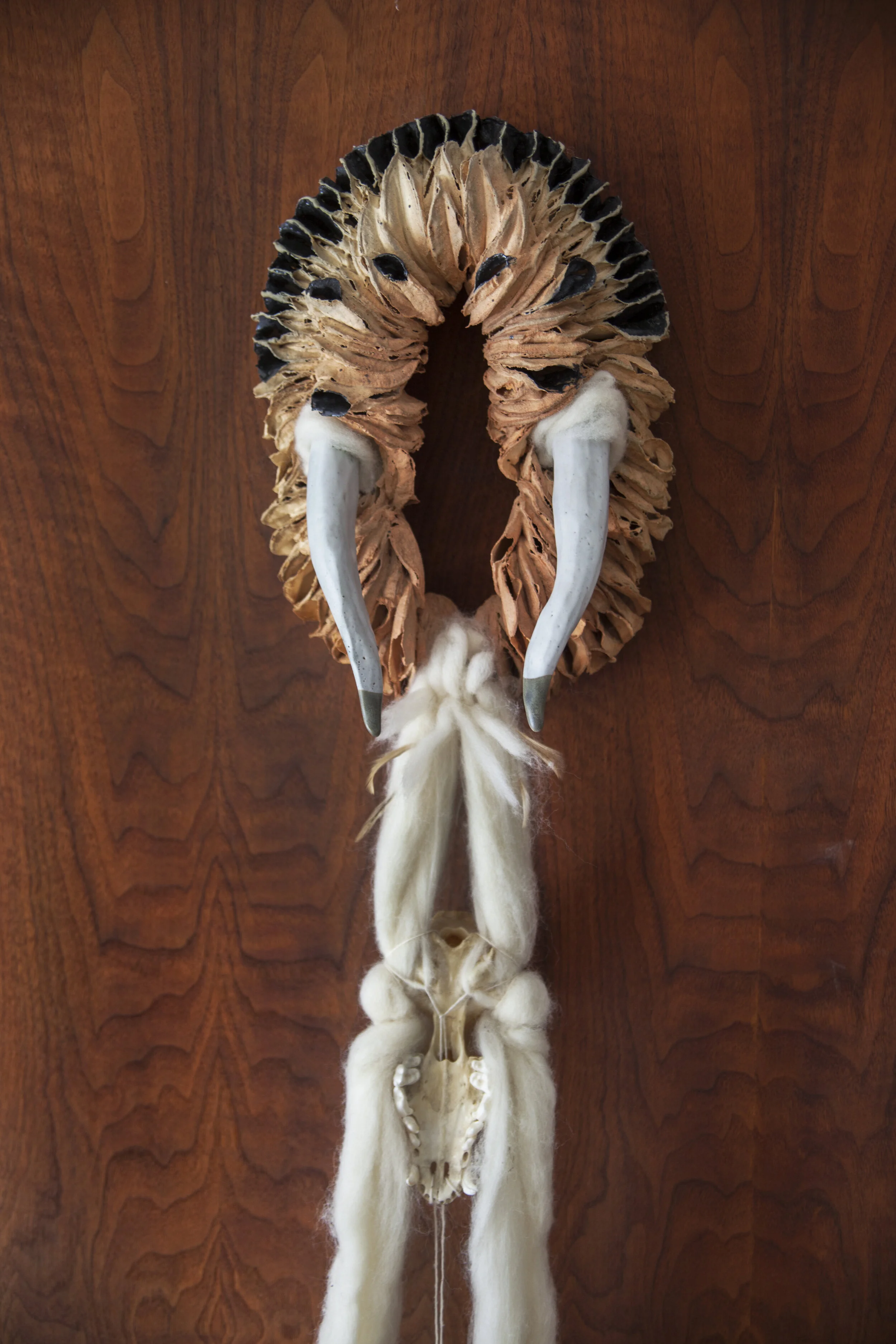 Bitch, 32x18x8, ceramic, burnt out cosmetic pads, wool, dog jawbone