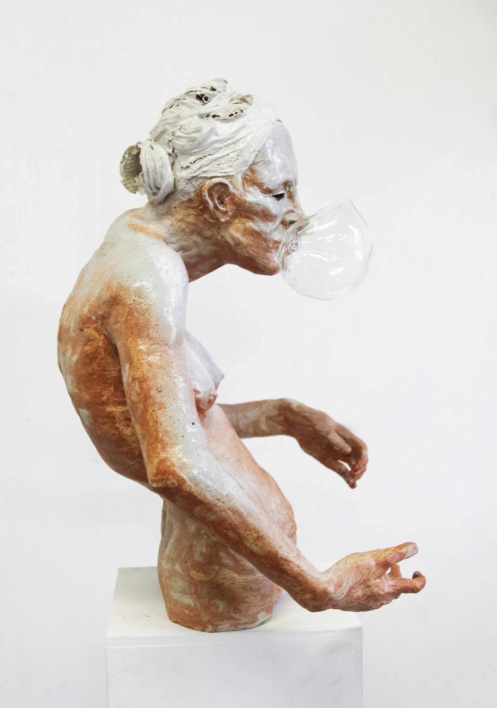 Offering, 36x18x20, glazed stoneware clay, burnt out cosmetic pads, blown glass.