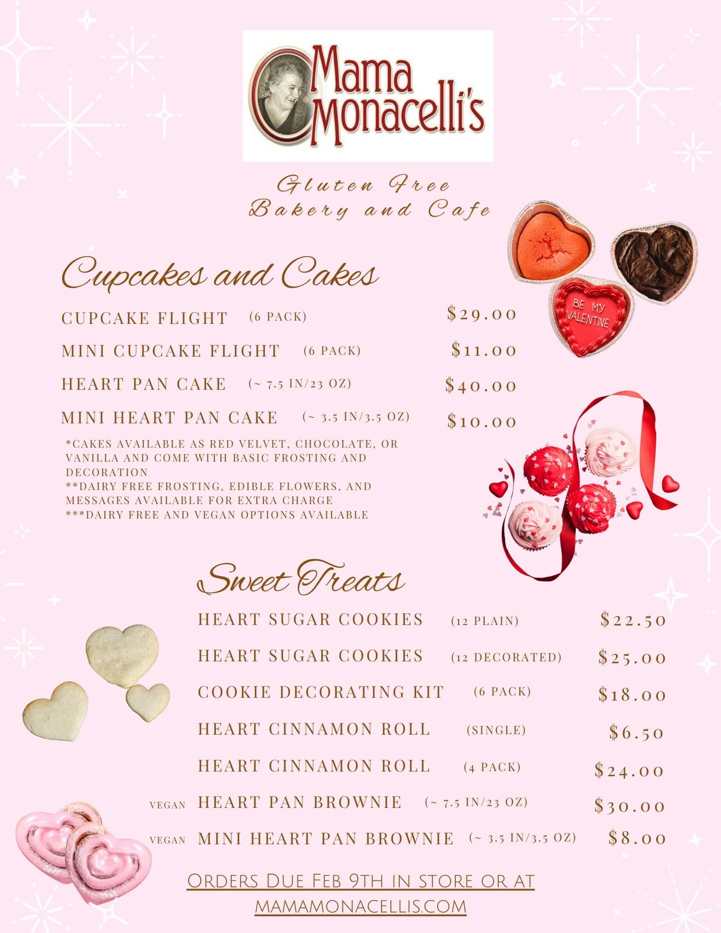 💘💝New Valentine&rsquo;s Day Pre Order List 💝💘

Food will always be our love language 💗
Valentine&rsquo;s Day pre orders have two new item added both in store and online! Vegan heart brownies are now available and we have a bunch of other new opt