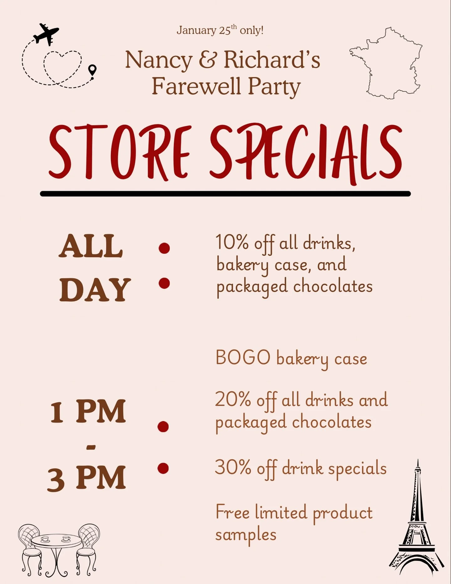 Our farewell party is tomorrow Jan 25th 🎉
We will be having specials all day and everyone is welcome to come attend. Starting at 1pm we will have some huge sales like BOGO on the bakery case, 30% off our themed drink specials, and even some free sam