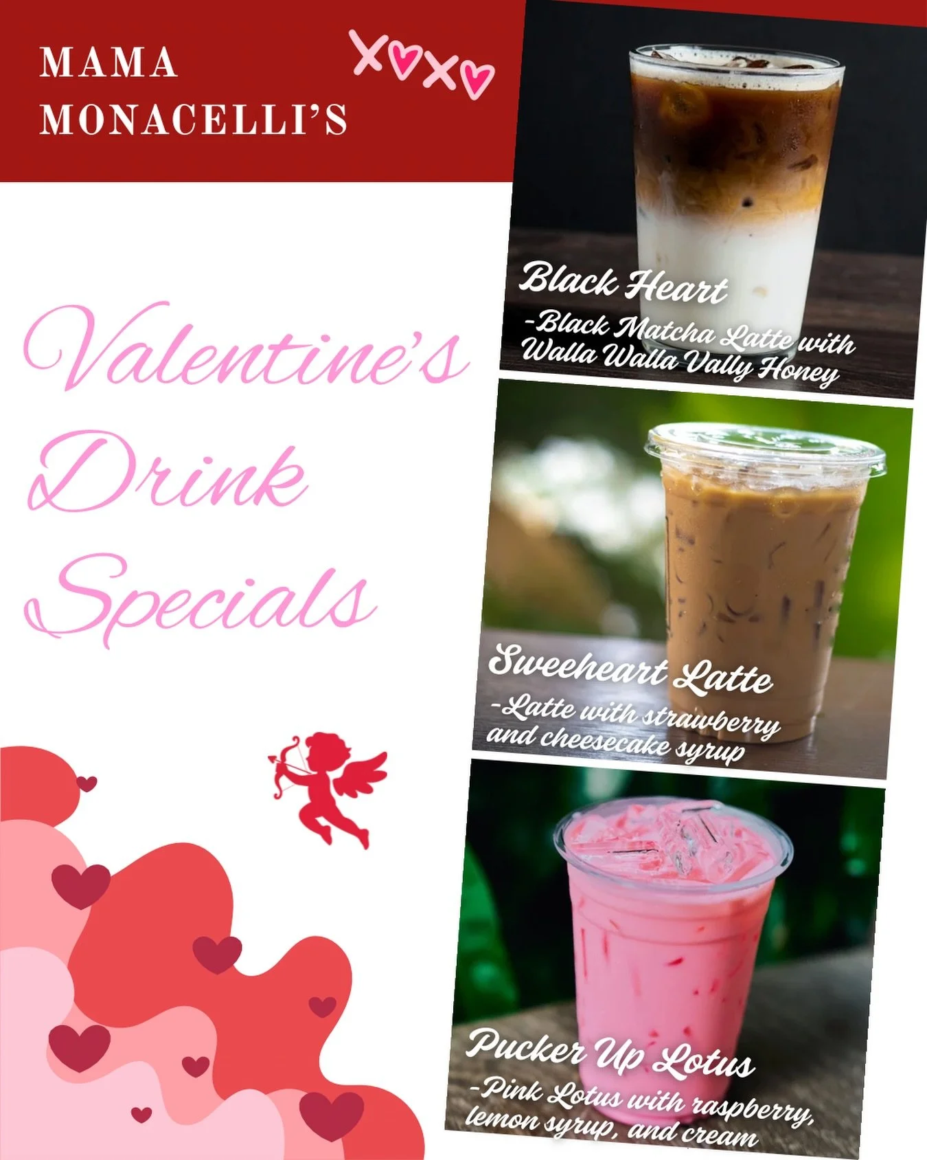 Valentines season is here and we have some delicious new drink specials for you all 💕
🖤 Black Heart: black matcha from @hummtea and honey from the Walla Walla Valley Honey Company
🍰Sweetheart Latte: strawberry and cheesecake latte 
💋 Pucker Up Lo