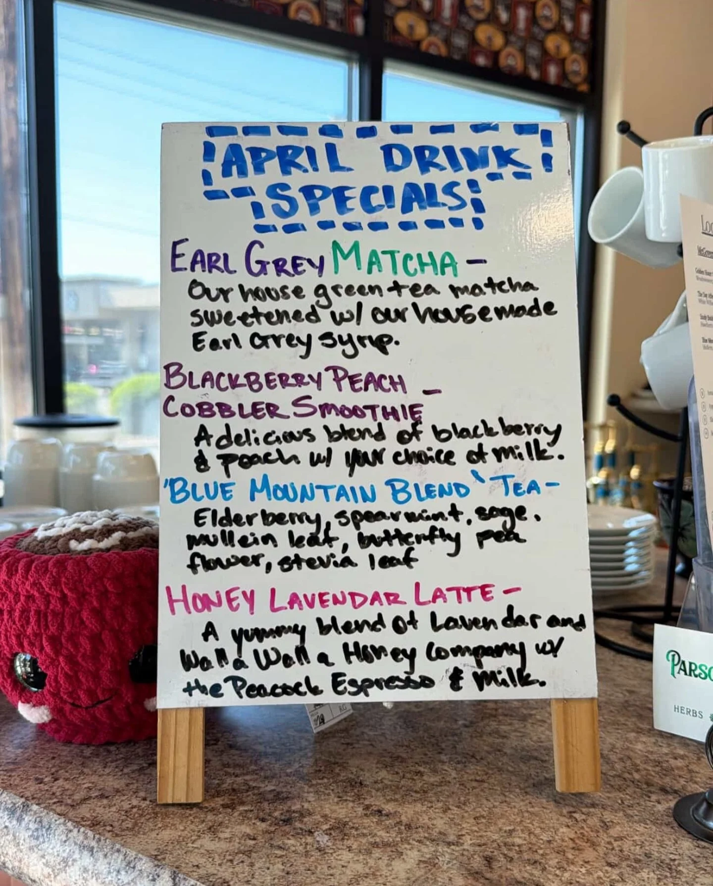 🌸April Drink Specials🌸

Grab something delicious for these beautiful sunny days ☀️
Earl Grey Matcha: match sweetened with our house made Earl Grey syrup and your choice of milk
Blackberry Peach Cobbler Smoothie: pieces of blackberry and peach blend