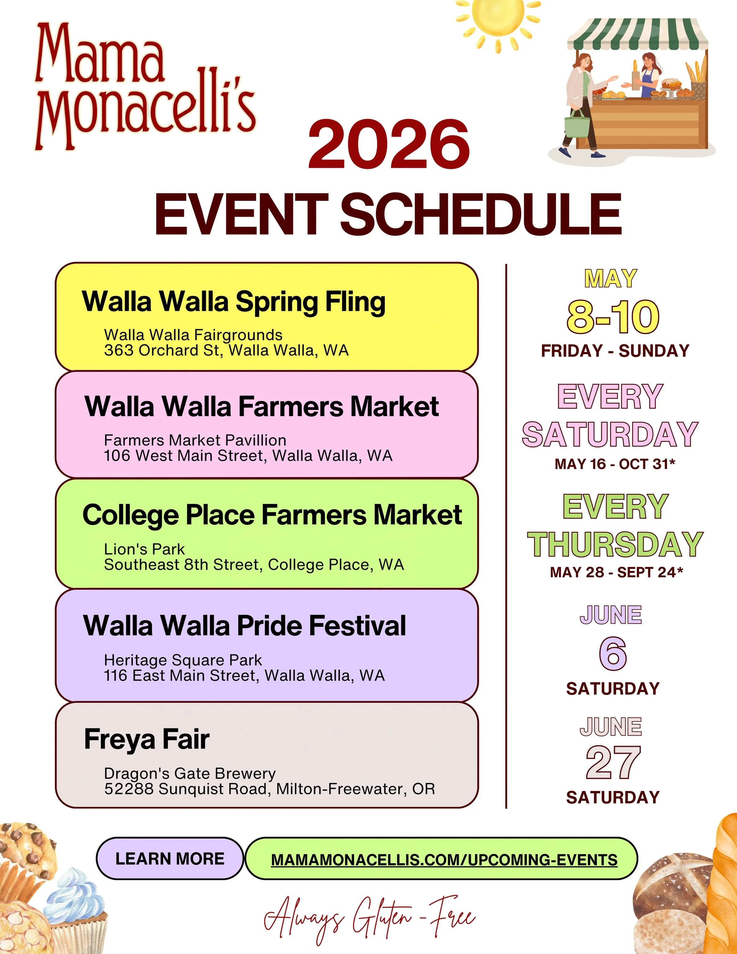 The sun is shining and we are gearing up for a number of events ☀️ We will be bringing gluten free delights to Farmers Markets, Festivals, and Fairs all season. 
No matter where you are, you deserve a safe treat ❤️
Learn more about all the places we 