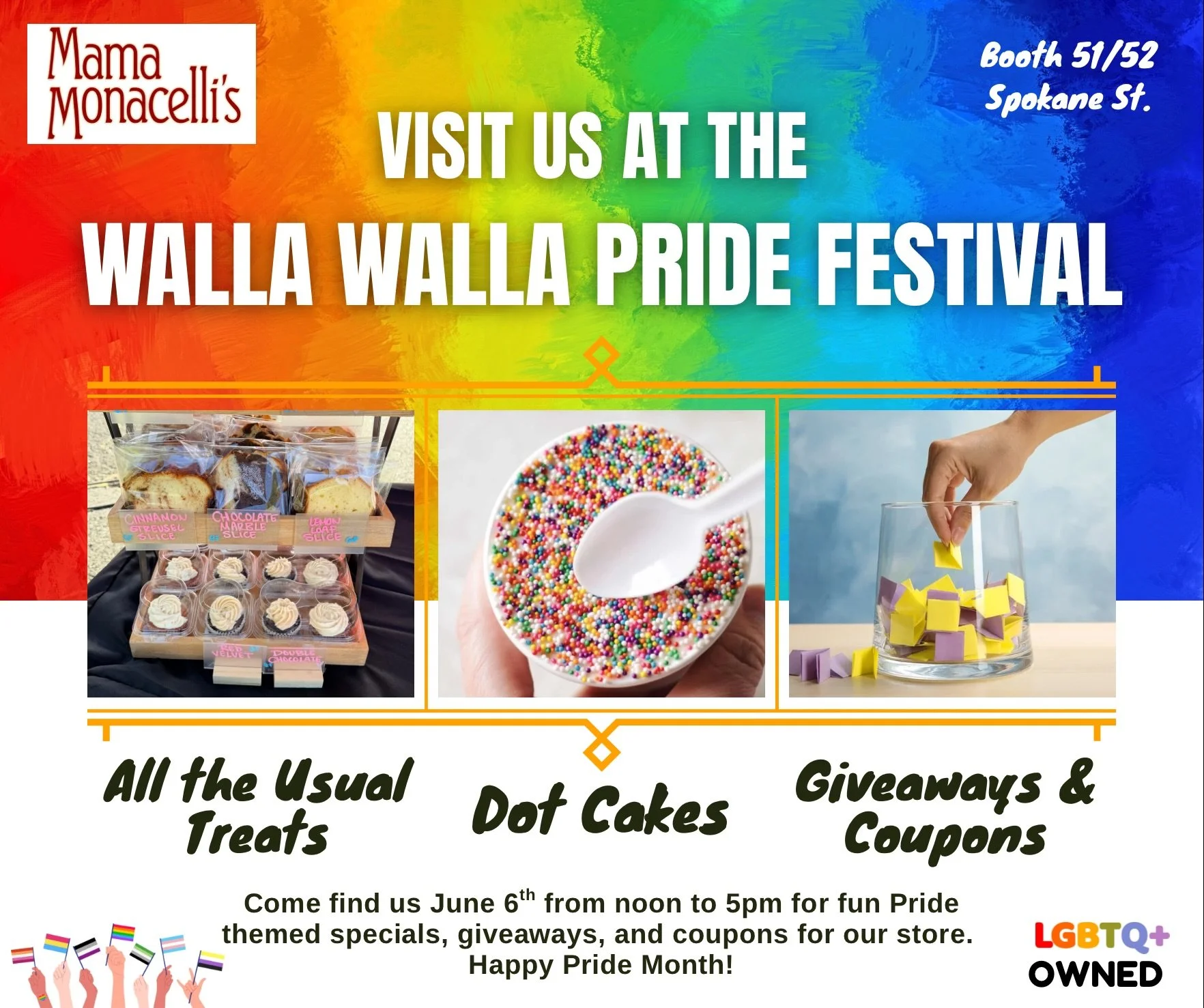 Wall Walla Pride Festival is tomorrow and we will be there to celebrate 🌈 Come visit our booth on Spokane street from noon to 5pm for specials treats, giveaways, and coupons. We will also be bringing special Pride themed mini dot cakes. Supplies wil
