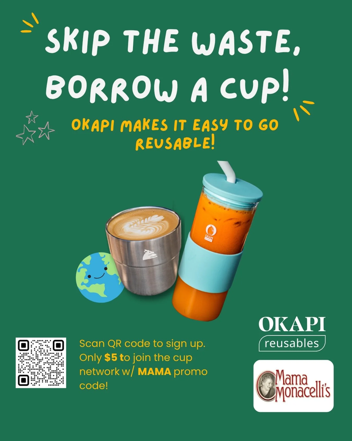 Reducing waste is in season ☀️😎 
We are partnering with @okapi_reusables to provide you with reusable cups. When you register today (June 5th), your drink is completely free! 
Why choose Okapi reusable cups? Cups can be used and returned at a number