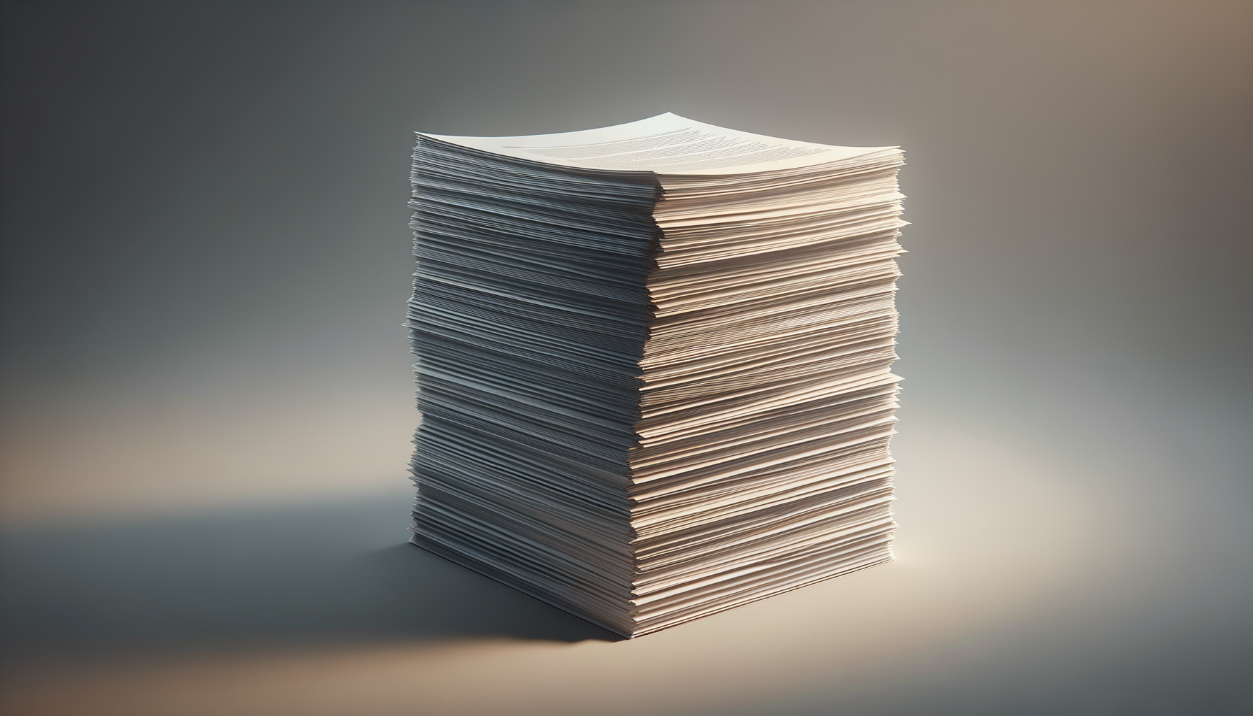 Stack of numerous papers or documents on a plain surface, with lighting casting shadows.