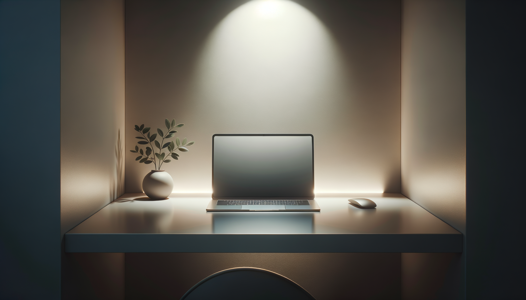 Minimalist workspace with a laptop, mouse, and potted plant illuminated by focused lighting.