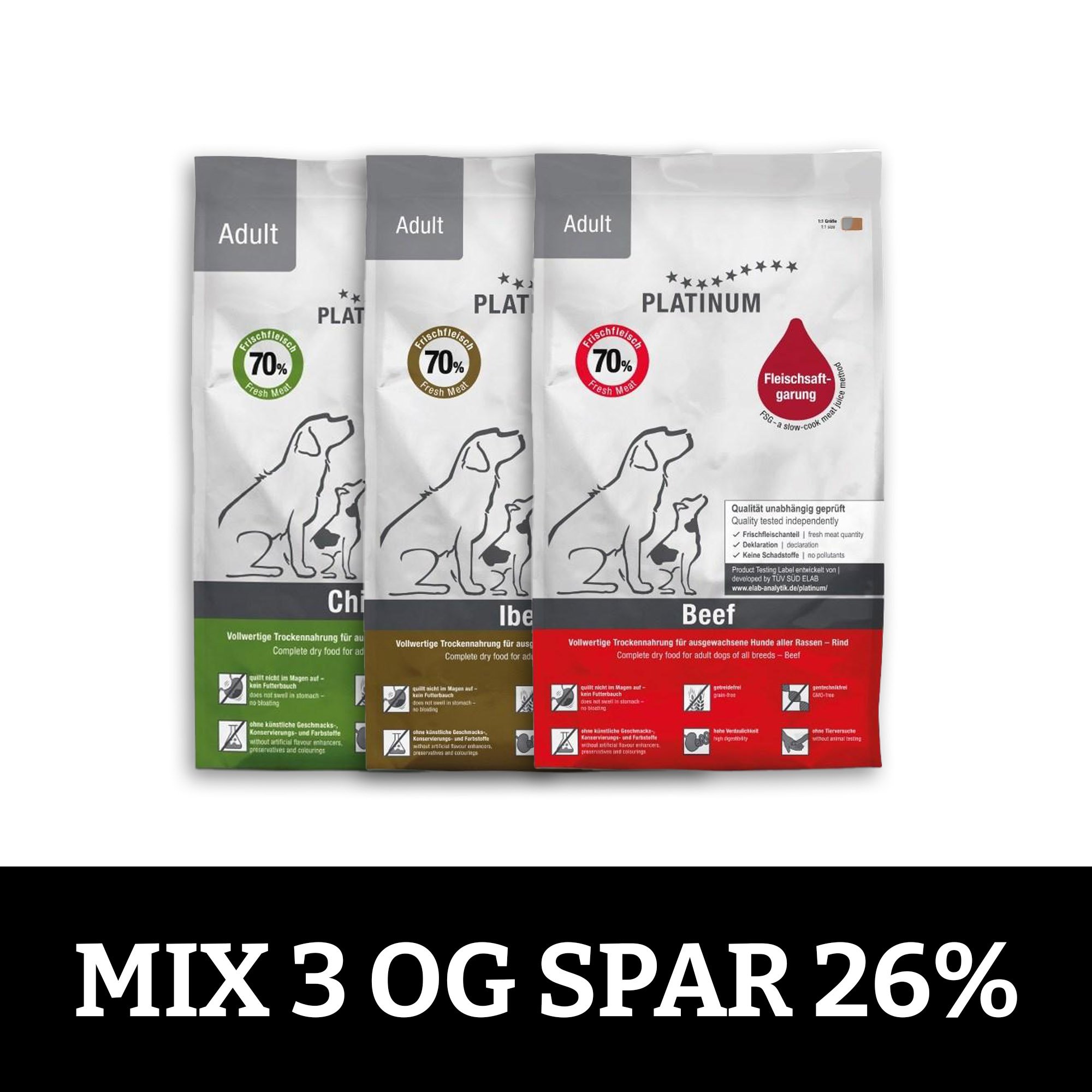 PLATINUM voksen hundefoder -  Mix 3x5 kg