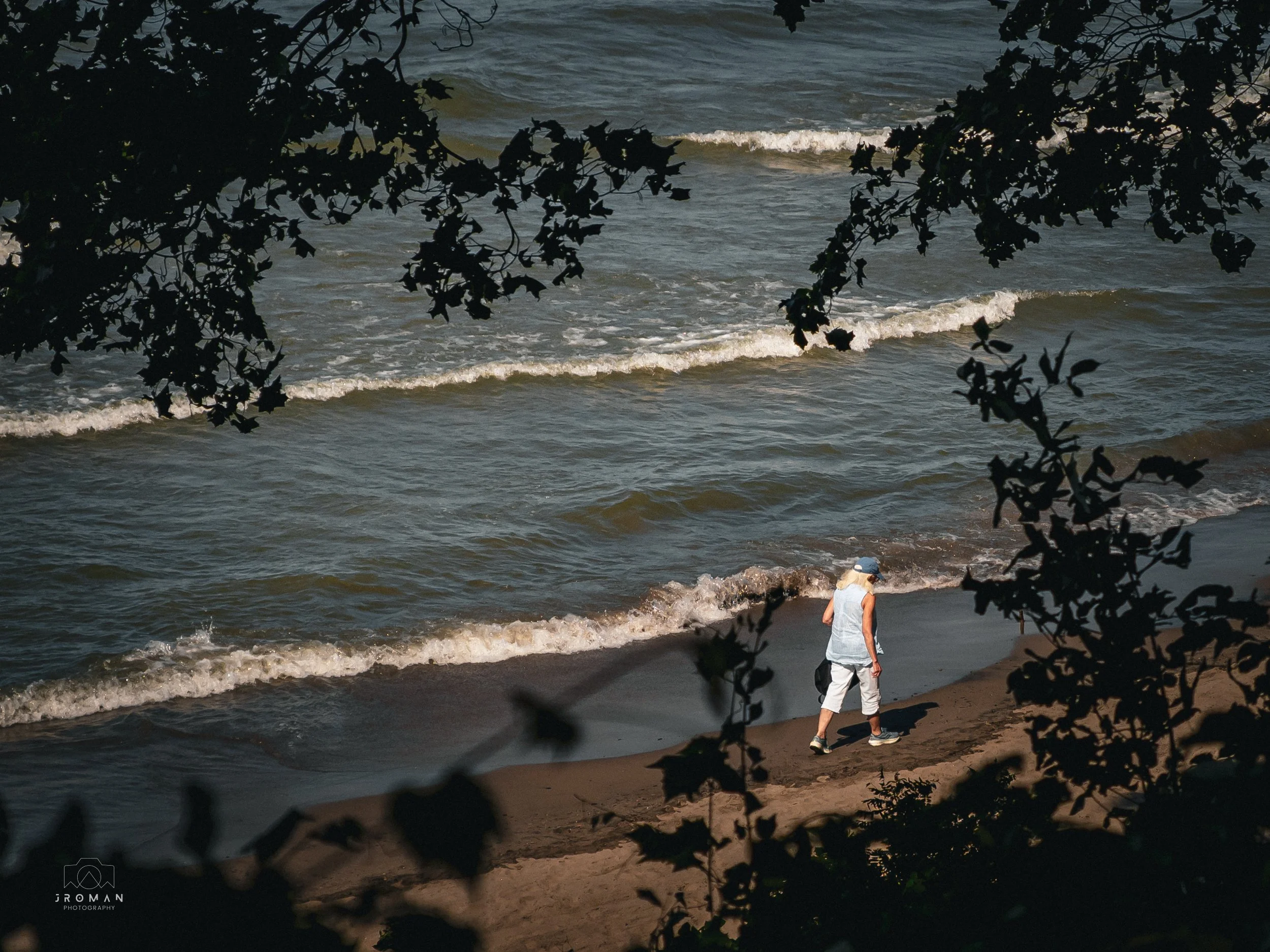 A person walking on a sandy beach near the water, framed by dark leaves at the top of the image.