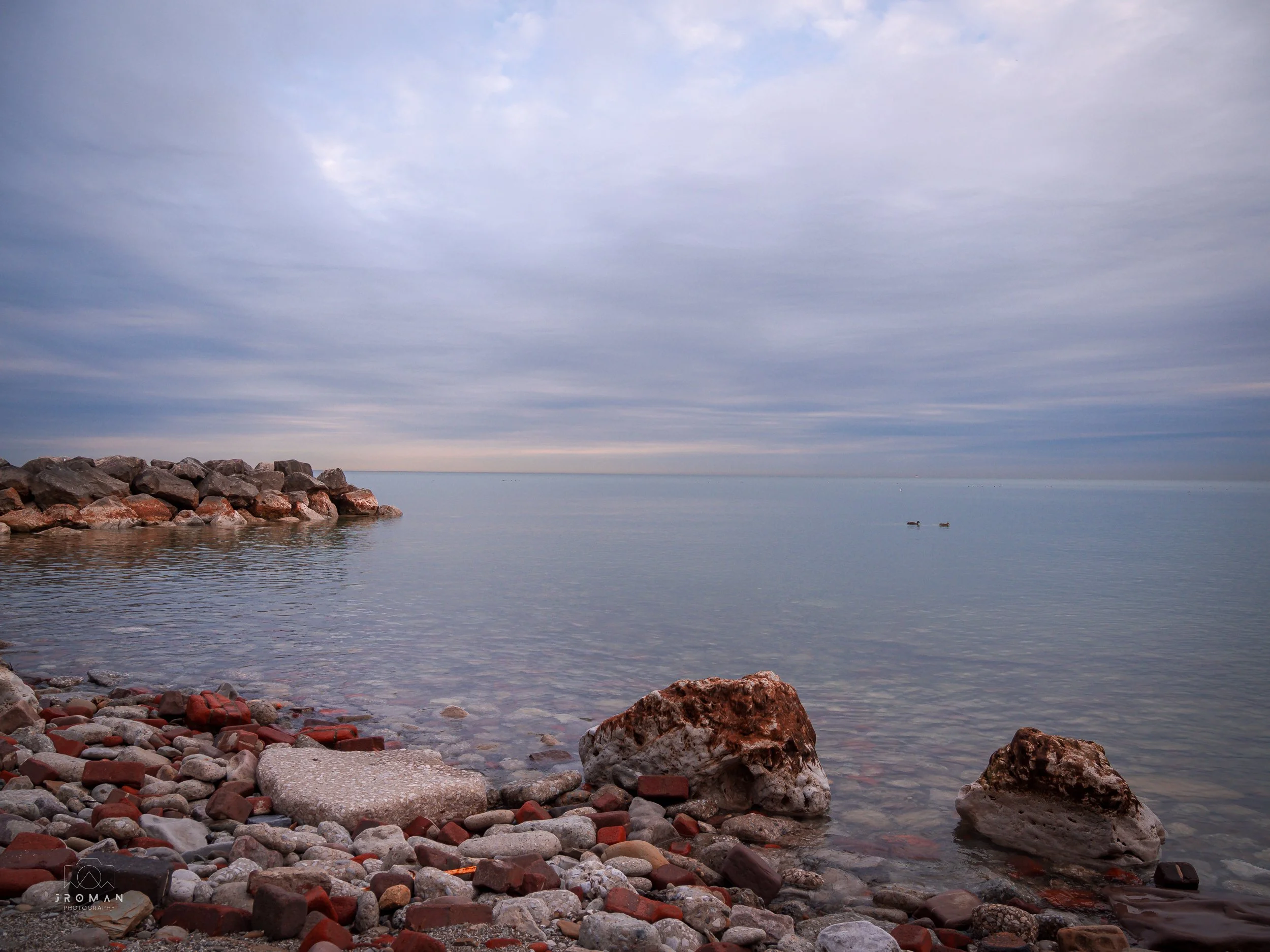 A rocky shoreline with calm water, two ducks swimming, and a cloudy sky