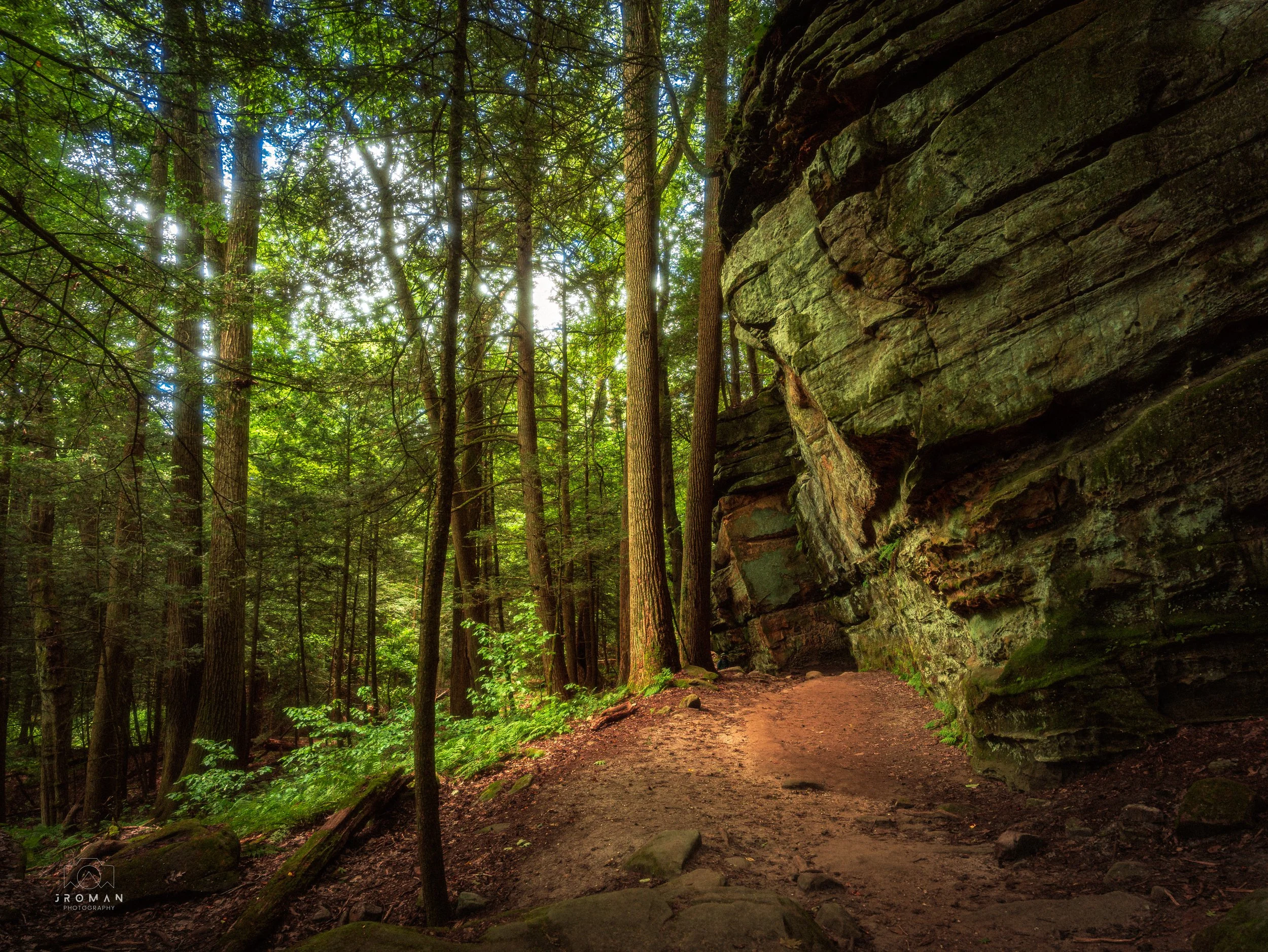A nature trail running beside a large rock formation in a dense green forest with tall trees and sunlight filtering through the leaves.