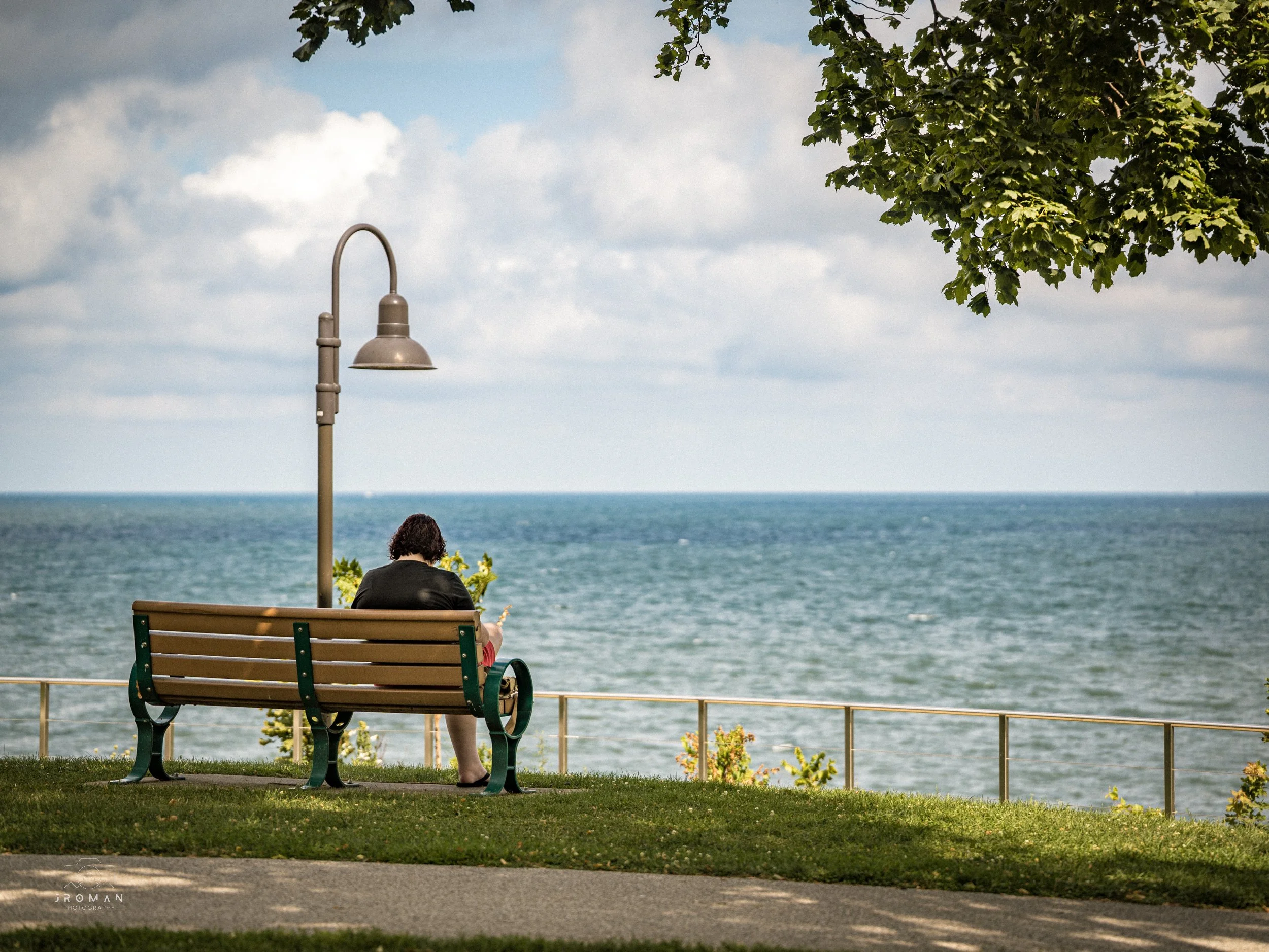 A person with dark curly hair sitting on a brown park bench near the ocean, facing away from the camera, during daytime with cloudy sky, surrounded by green grass, trees, and a metal railing.