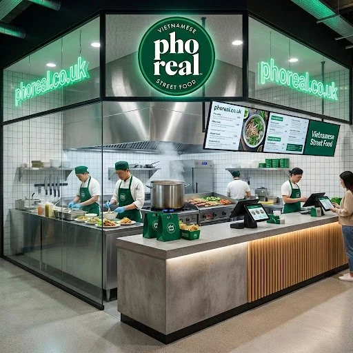 Interior of a Vietnamese street food restaurant called Pho Real, with staff preparing food behind the counter and digital menu screens above.