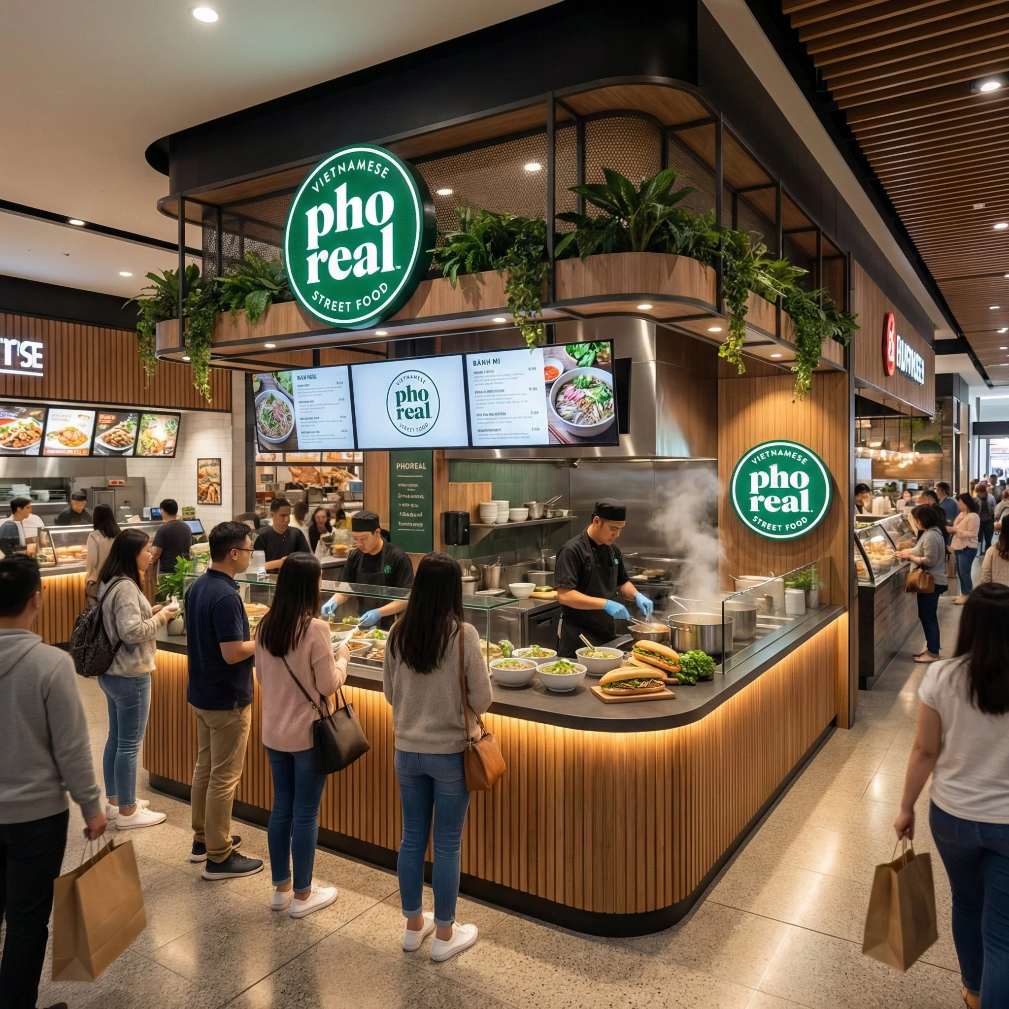 People ordering food at a Vietnamese street food restaurant called Pho Real, with chefs preparing dishes behind the counter and digital menu screens above.